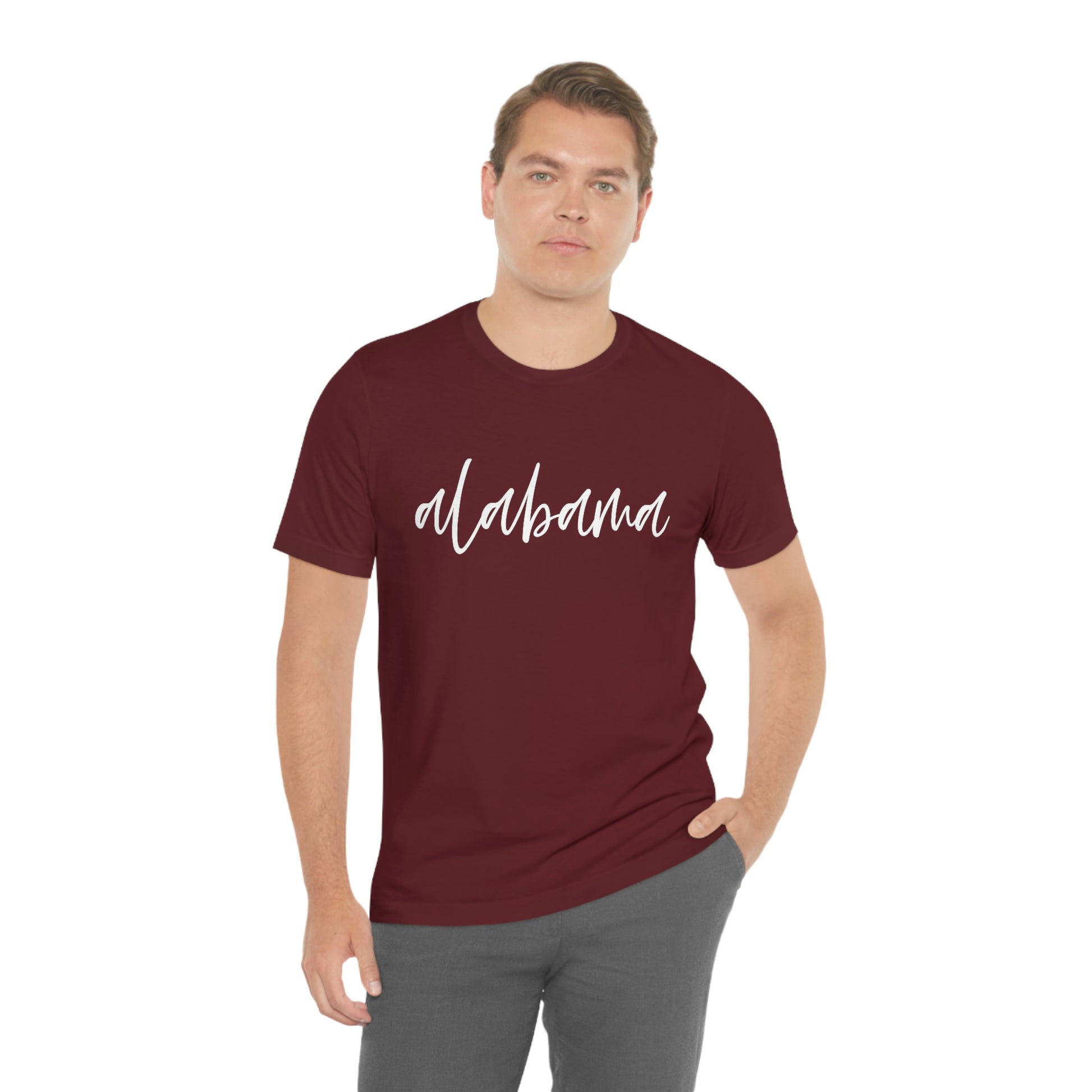 Alabama in White Script Unisex Jersey Short Sleeve T-shirt