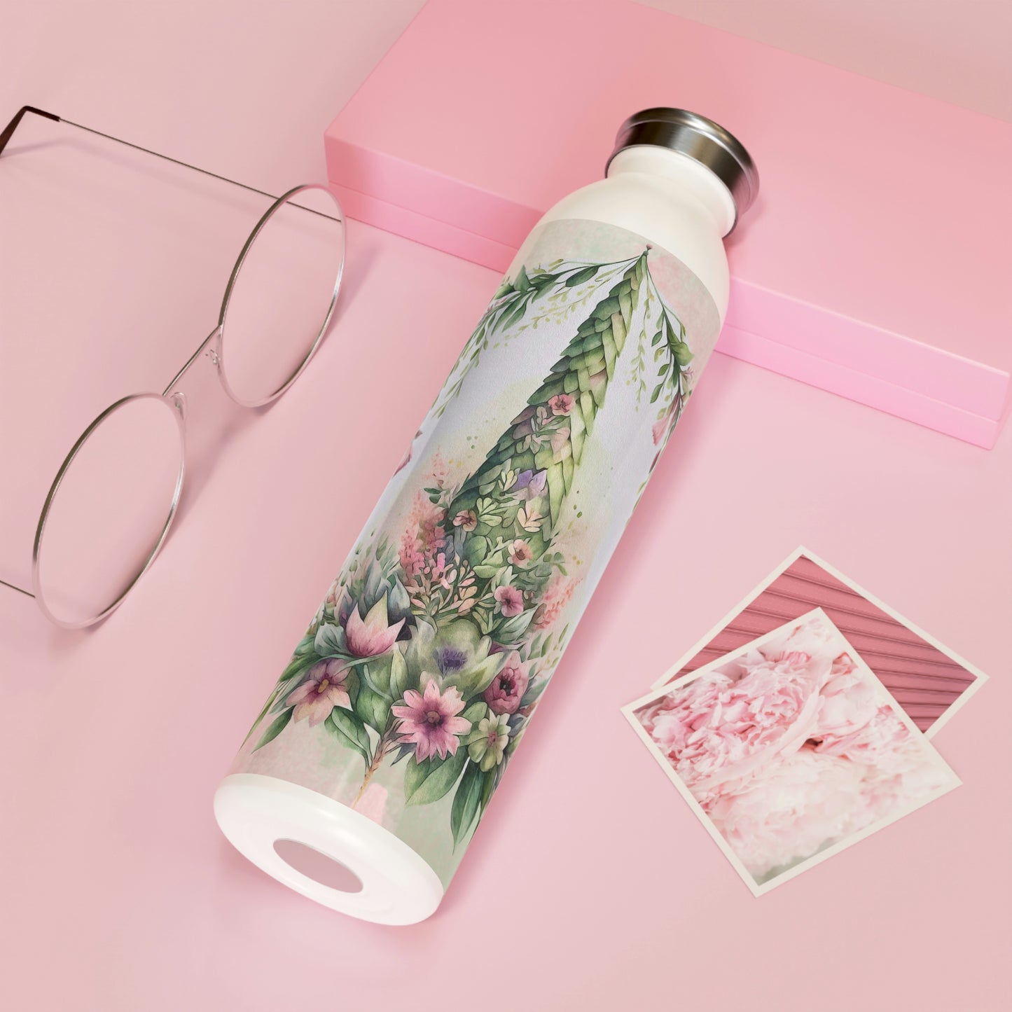 Spring Topiary Flowers Watercolor Slim Water Bottle