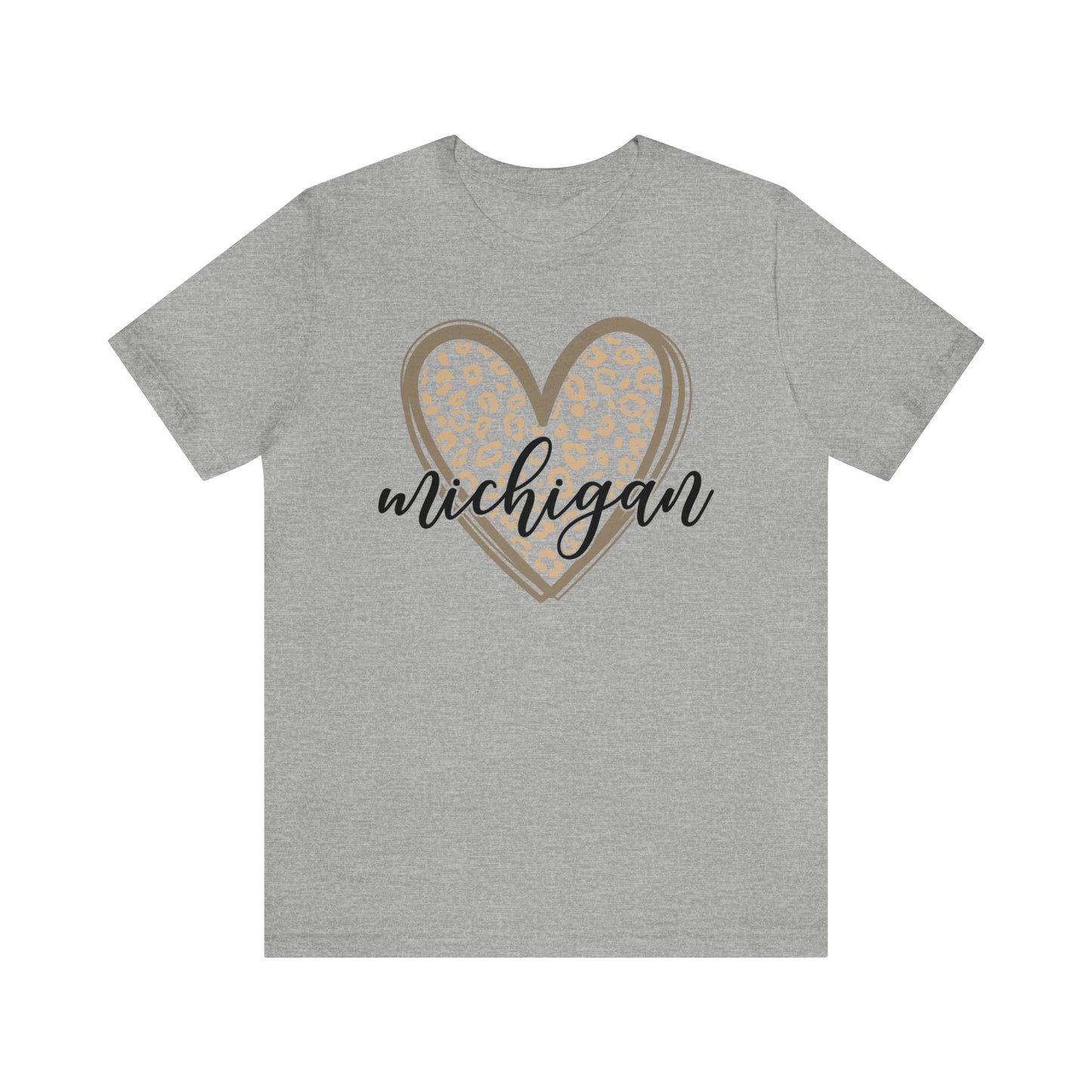 Michigan Gold Leopard Heart Black Script Short Sleeve T-shirt