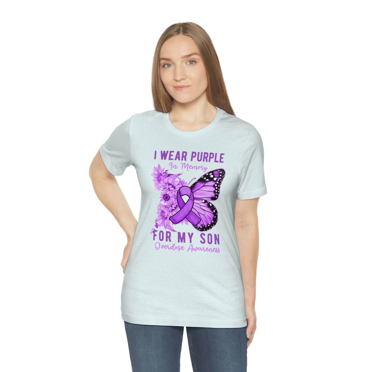 I Wear Purple In Memory For My Son Overdose Awareness Print Unisex Jersey Short Sleeve Tee