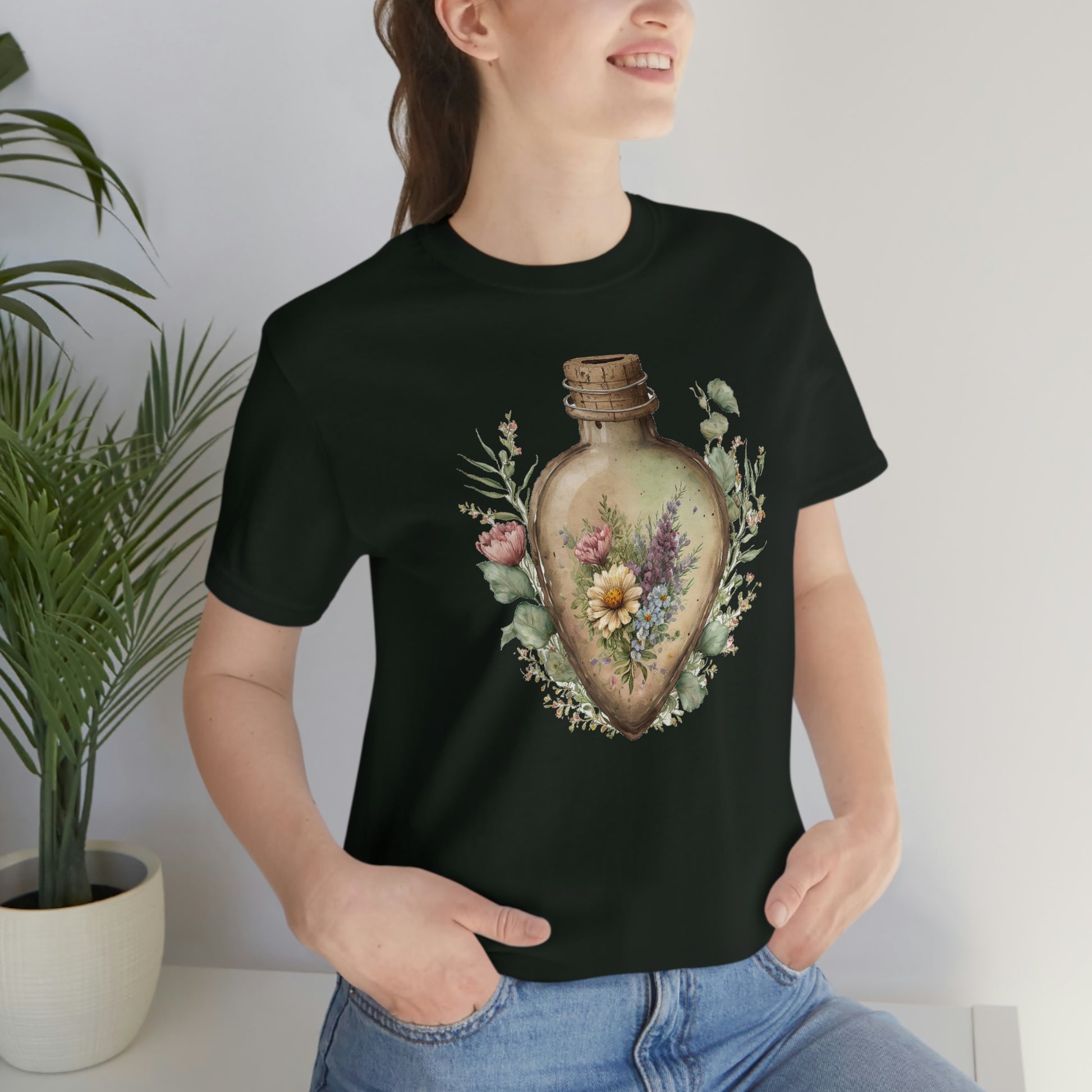 Vintage Bottle Floral Unisex Jersey Short Sleeve Tee