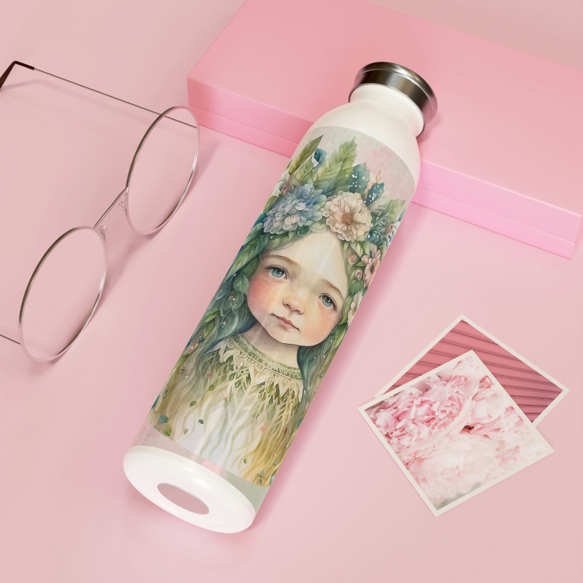 Girl Spring Flowers Watercolor Slim Water Bottle