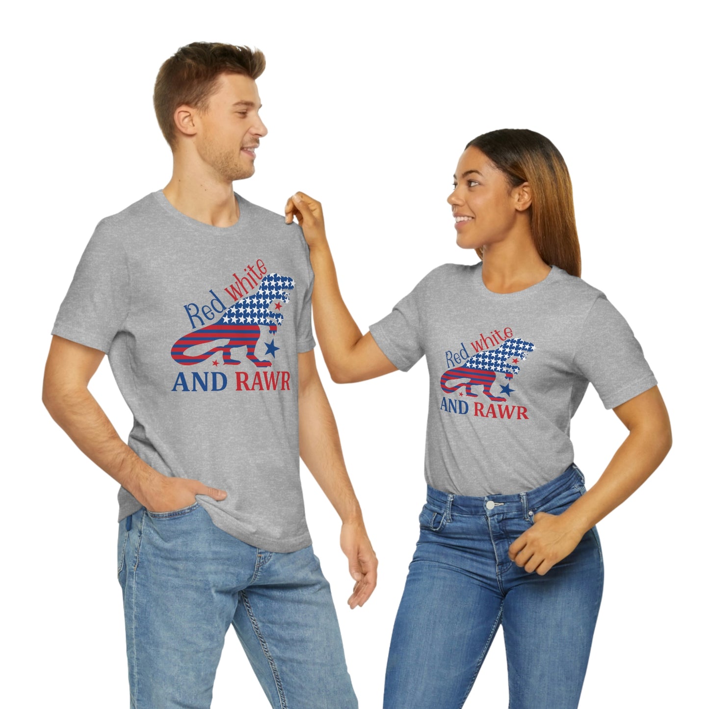 Red White Rawr Dinosaur 4th of July Unisex Jersey Short Sleeve Tee