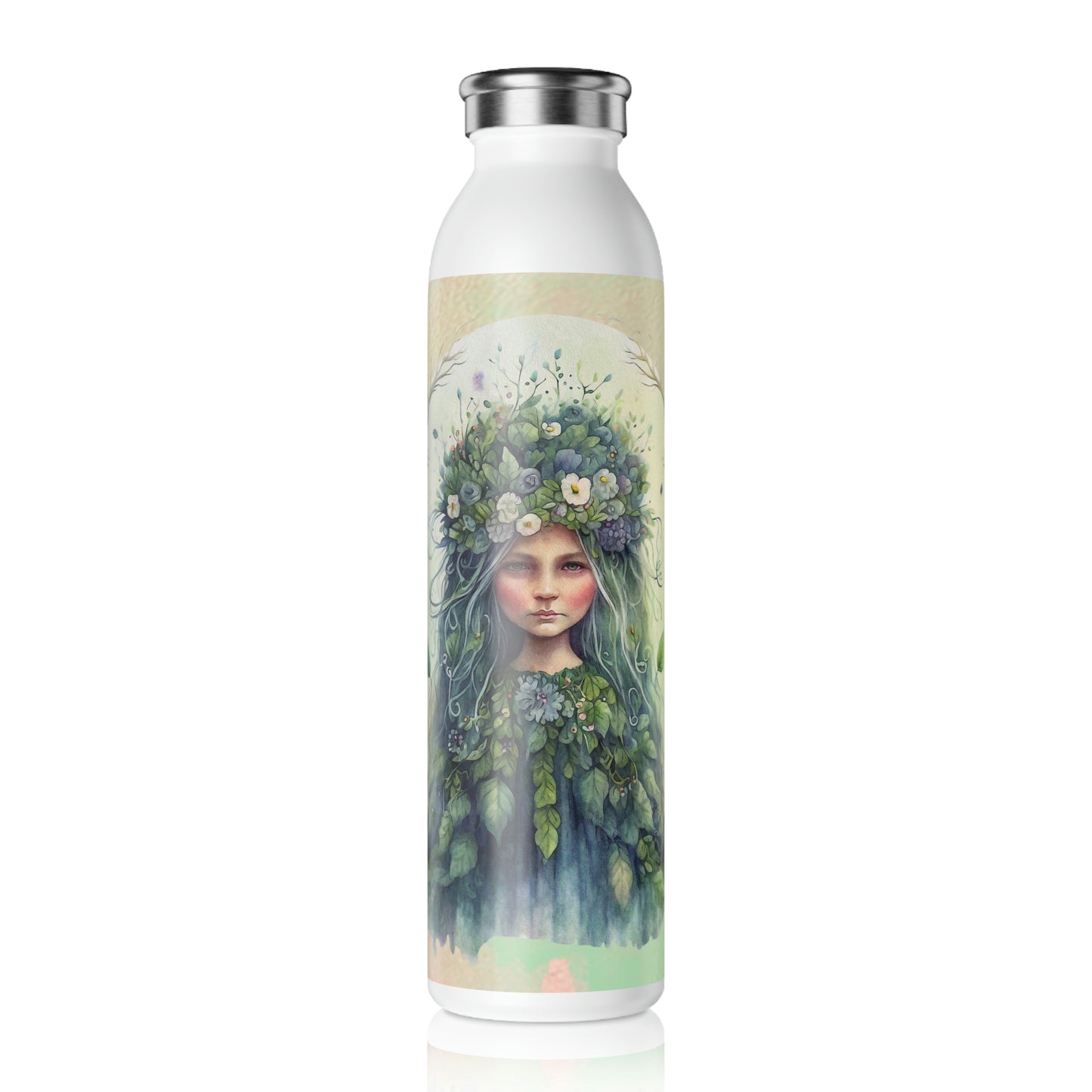 Girl Spring Flowers Watercolor Slim Water Bottle