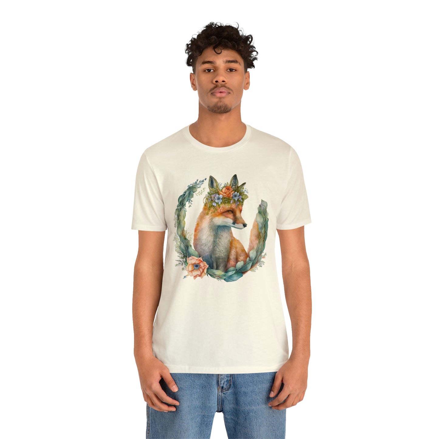 Watercolor Fox Peaking Through Wreath Short Sleeve T-shirt