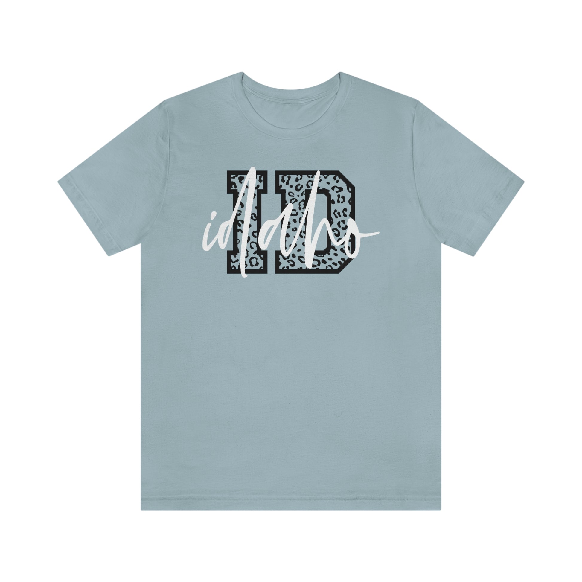 Idaho ID Leopard Print Letters White Script Short Sleeve T-shirt