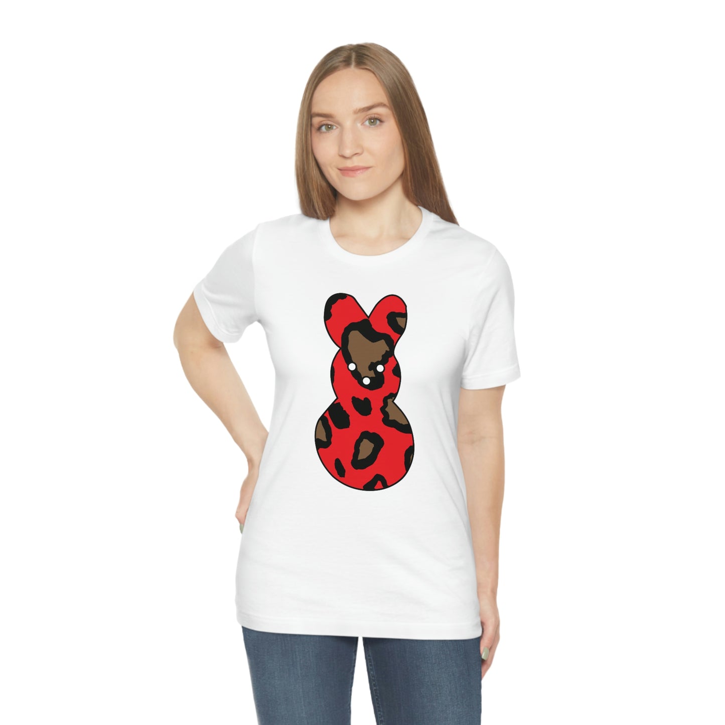 Red Leopard Print Bunny Easter Spring Print Unisex Jersey Short Sleeve Tee