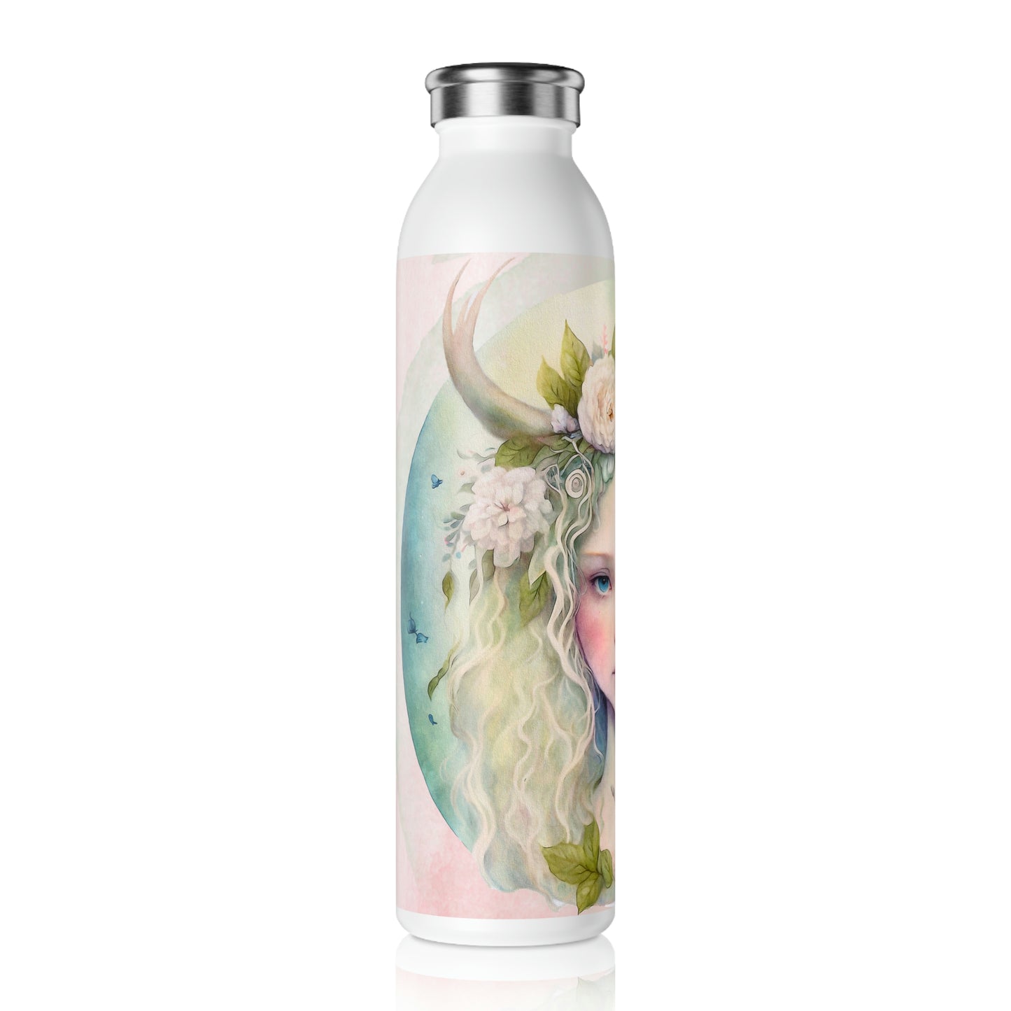 Girl Spring Flowers Watercolor Slim Water Bottle