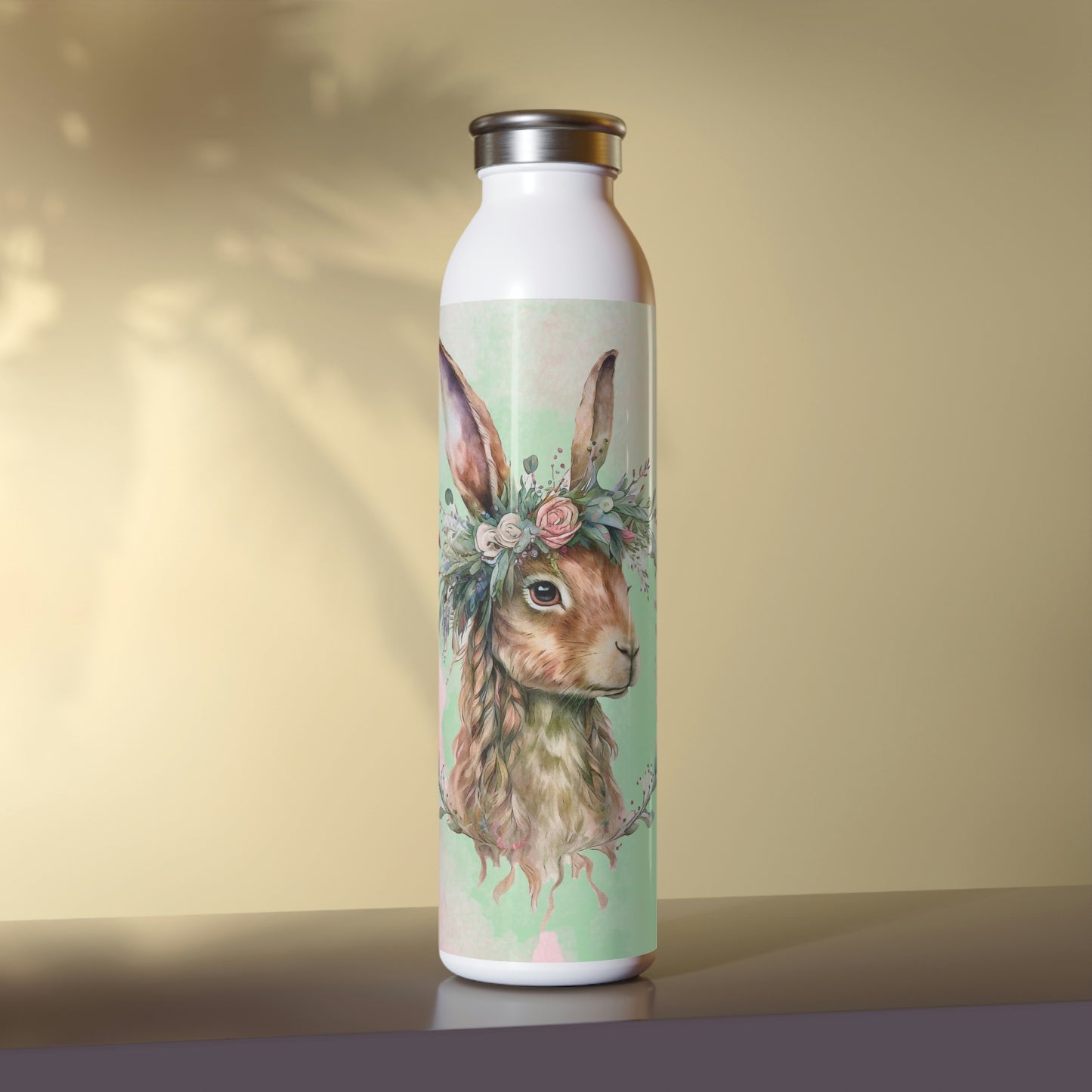 Spring Rabbit in Flower Wreath Watercolor Slim Water Bottle