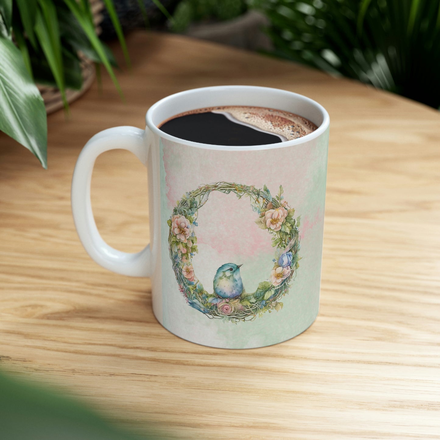 Bird in Wreath Watercolor Ceramic Mug 11oz