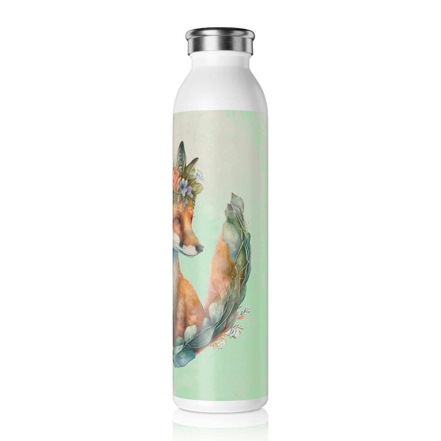 Spring Fox in Flower Wreath Watercolor Slim Water Bottle