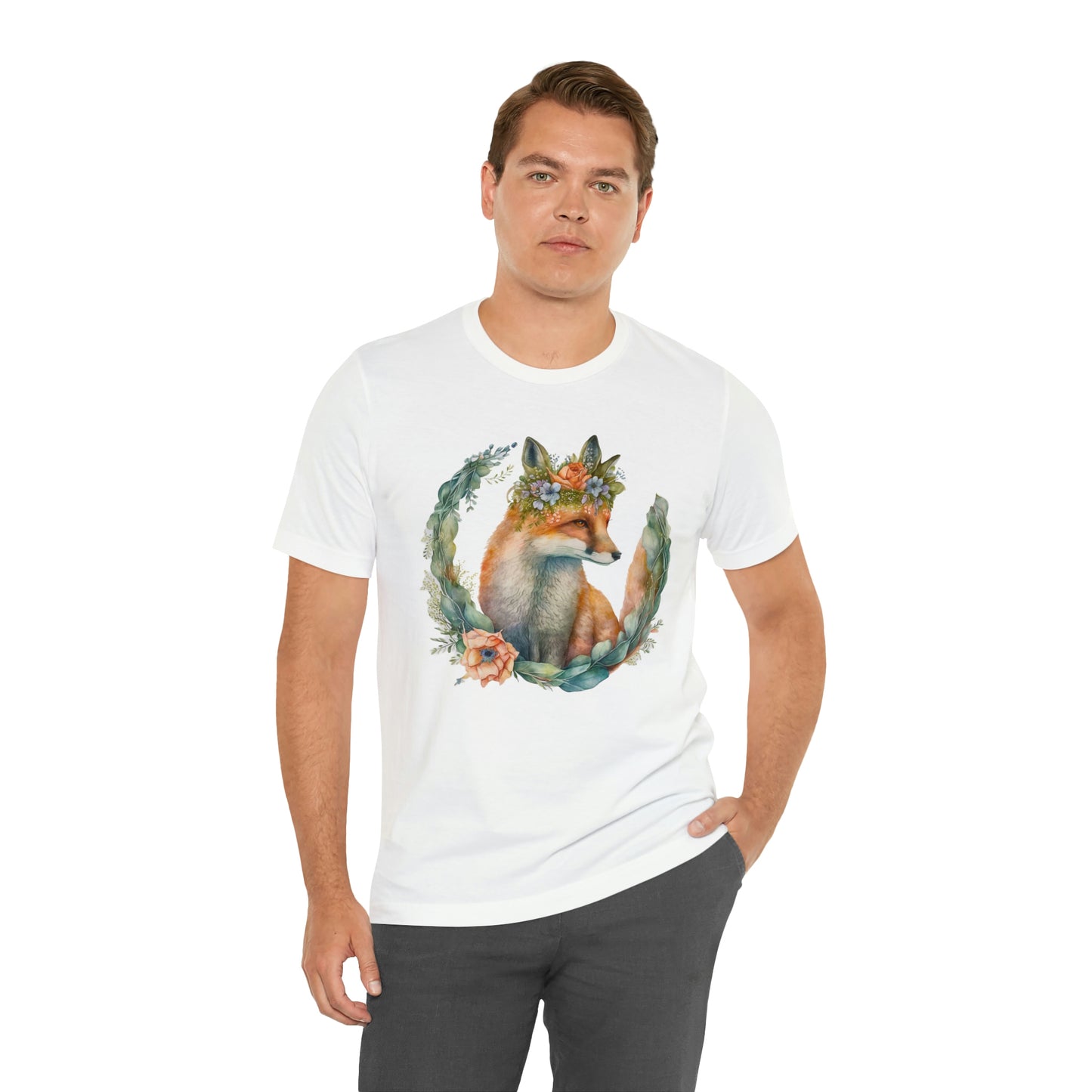 Watercolor Fox Peaking Through Wreath Short Sleeve T-shirt