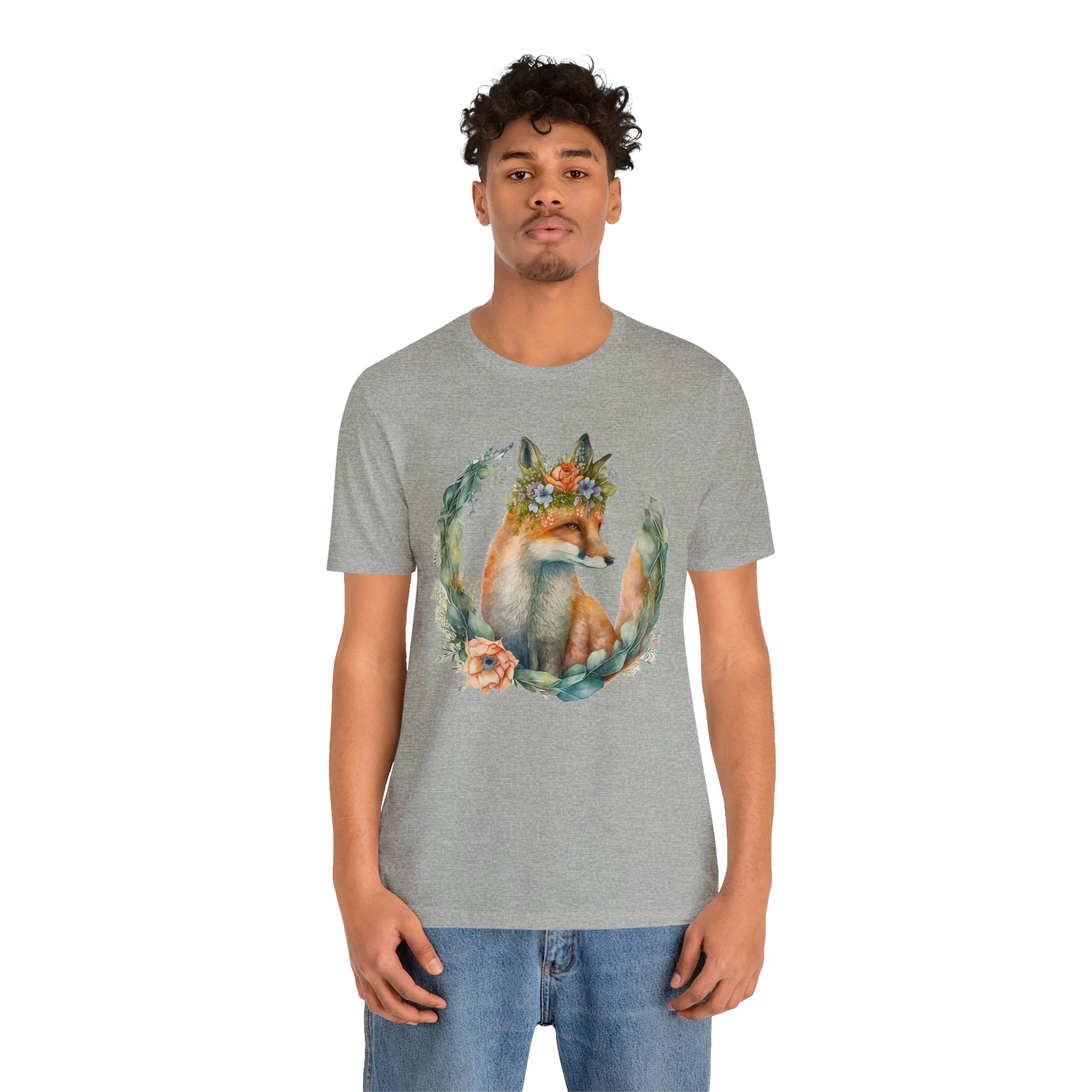 Watercolor Fox Peaking Through Wreath Short Sleeve T-shirt