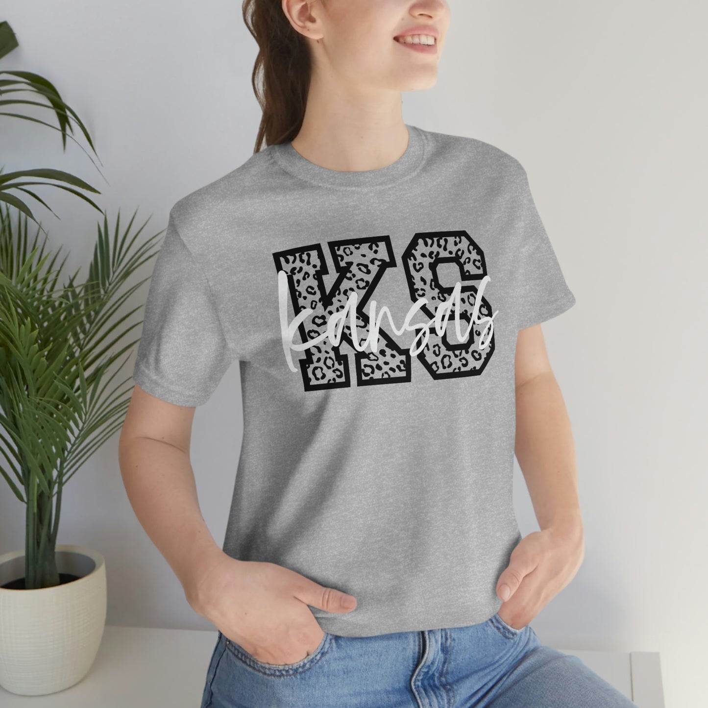 Kansas KS Leopard Print Letters White Script Short Sleeve T-shirt