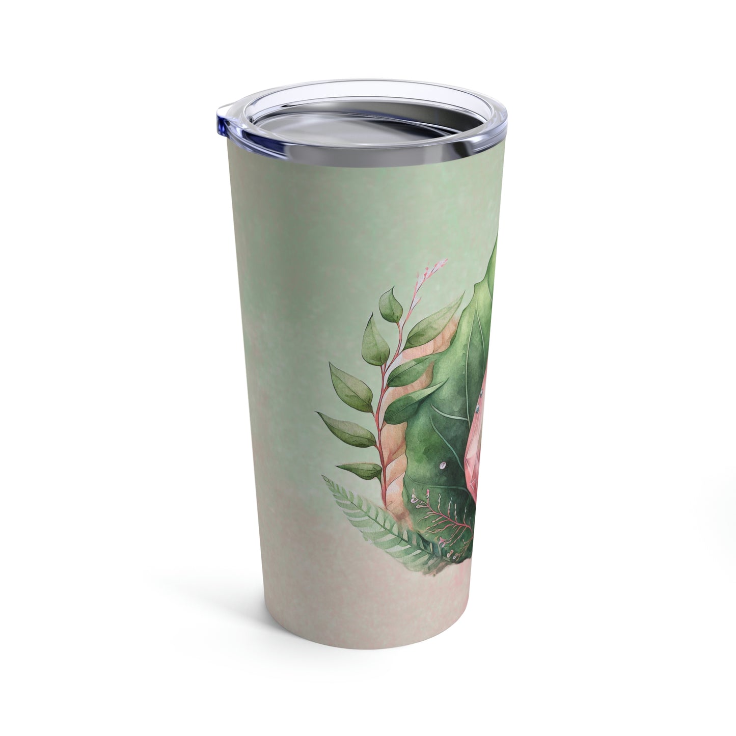 Pink Crystal on Green Leaves Watercolor Tumbler 20oz