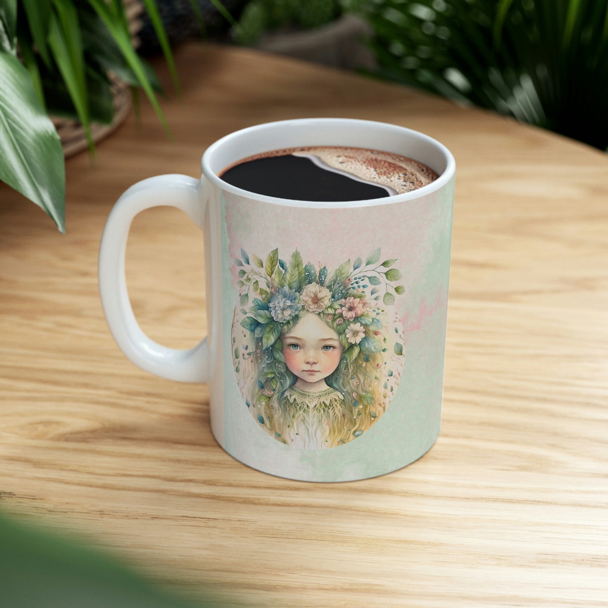 Girl in Spring Flowers Watercolor Ceramic Mug 11oz