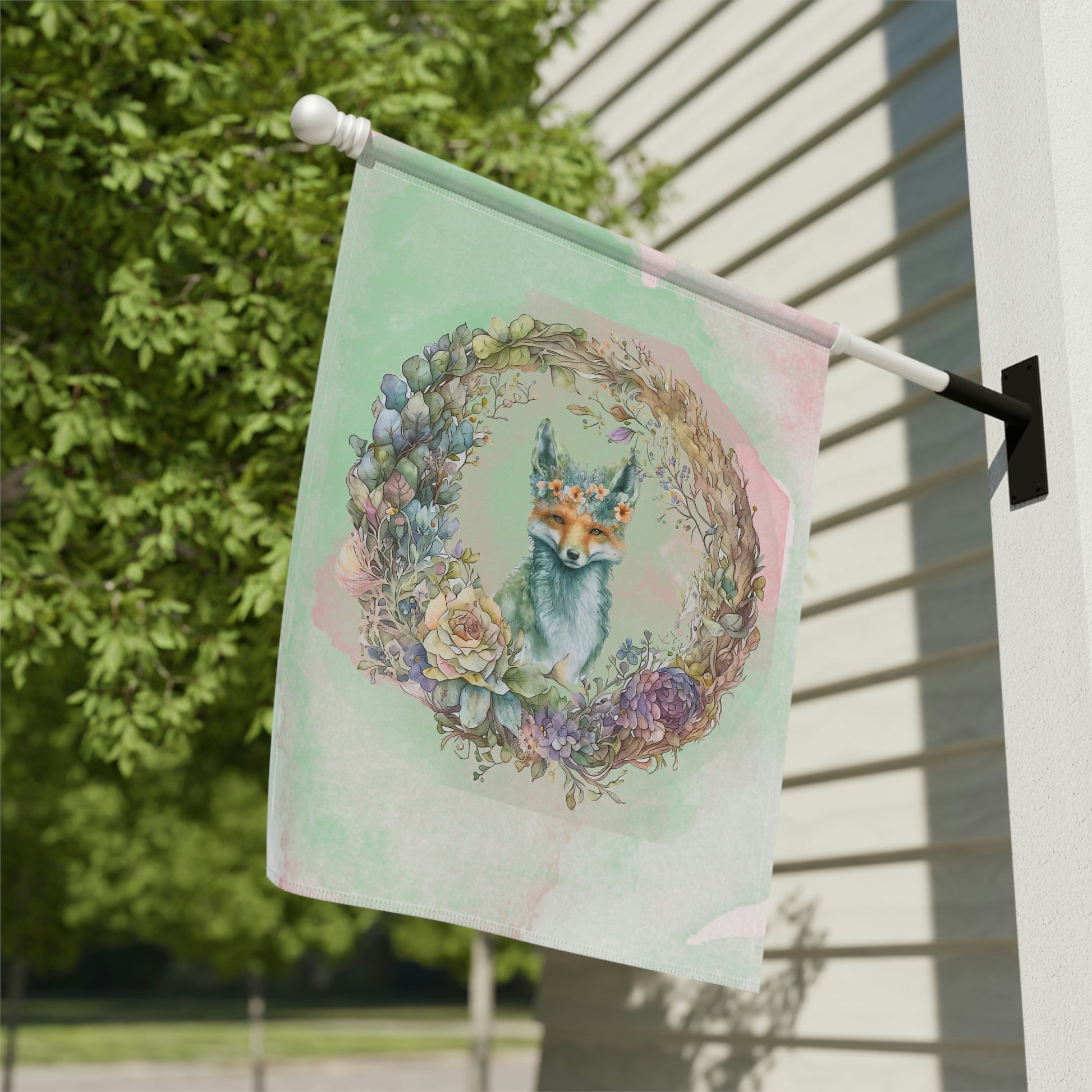 Fox in Wreath  Watercolor Garden & House Banner