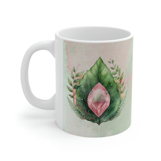 Pink Crystal on Green Leaves Watercolor Ceramic Mug 11oz