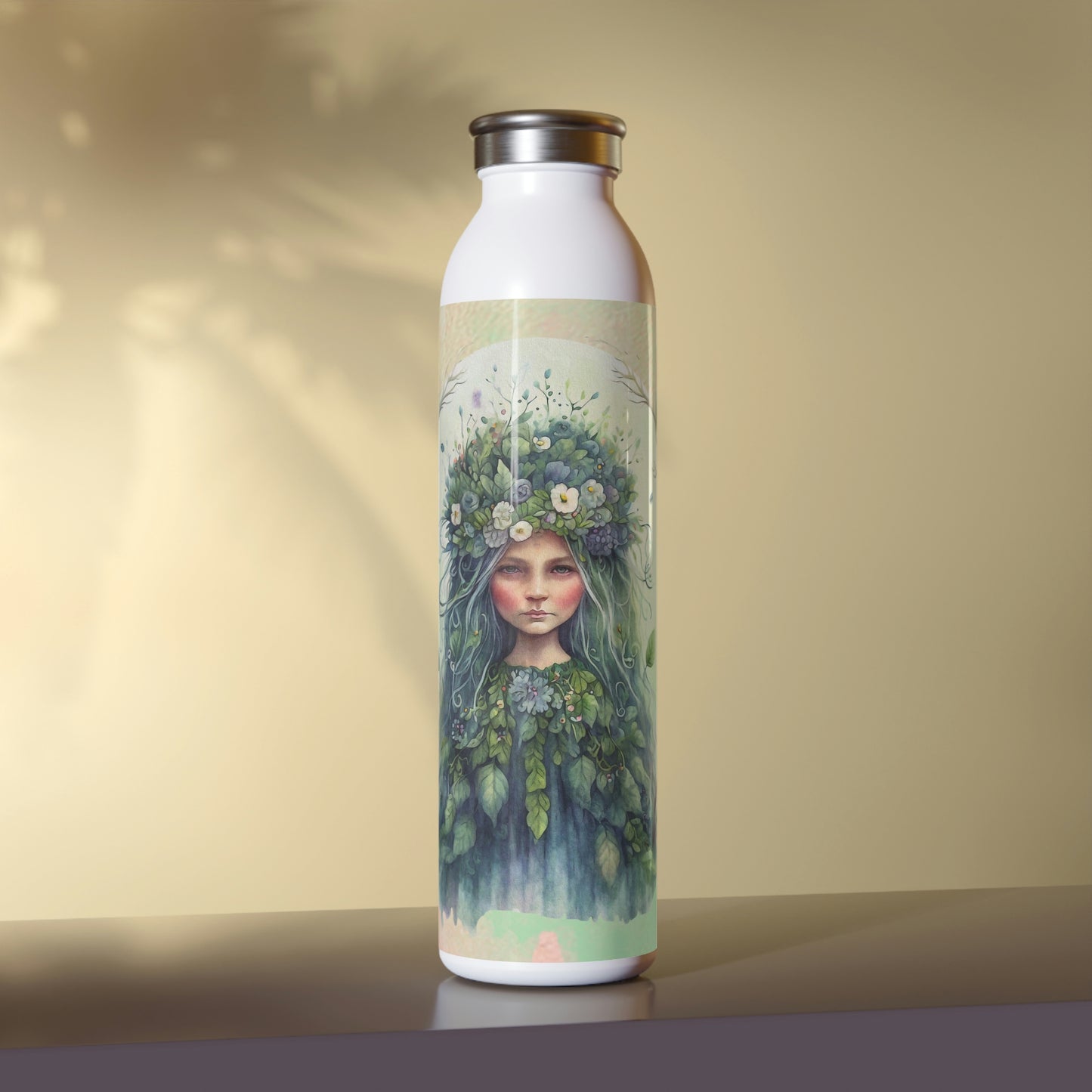 Girl Spring Flowers Watercolor Slim Water Bottle