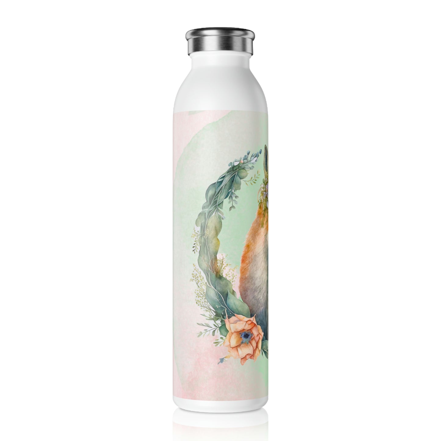 Spring Fox in Flower Wreath Watercolor Slim Water Bottle