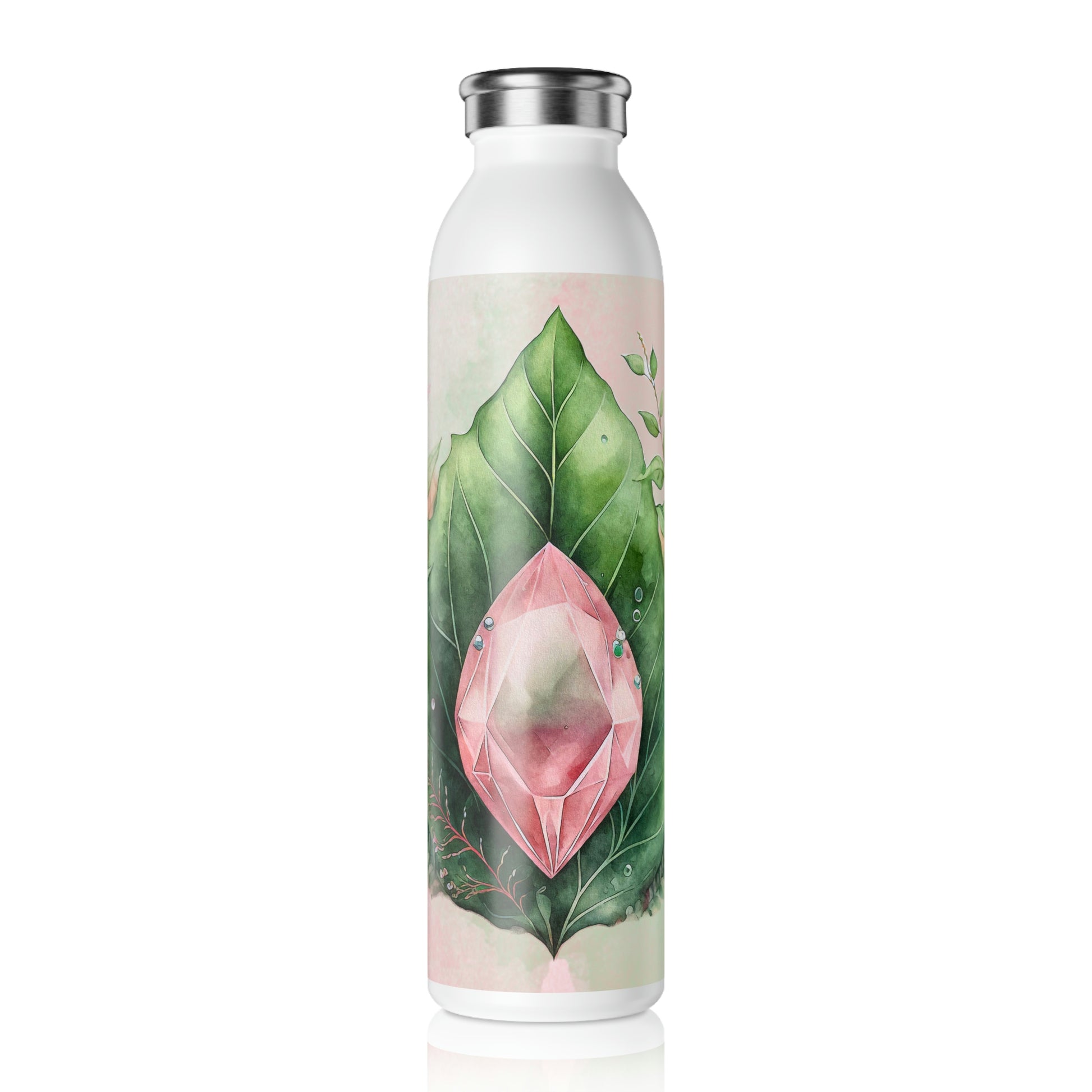 Pink Crystal on Green Leaves Watercolor Slim Water Bottle