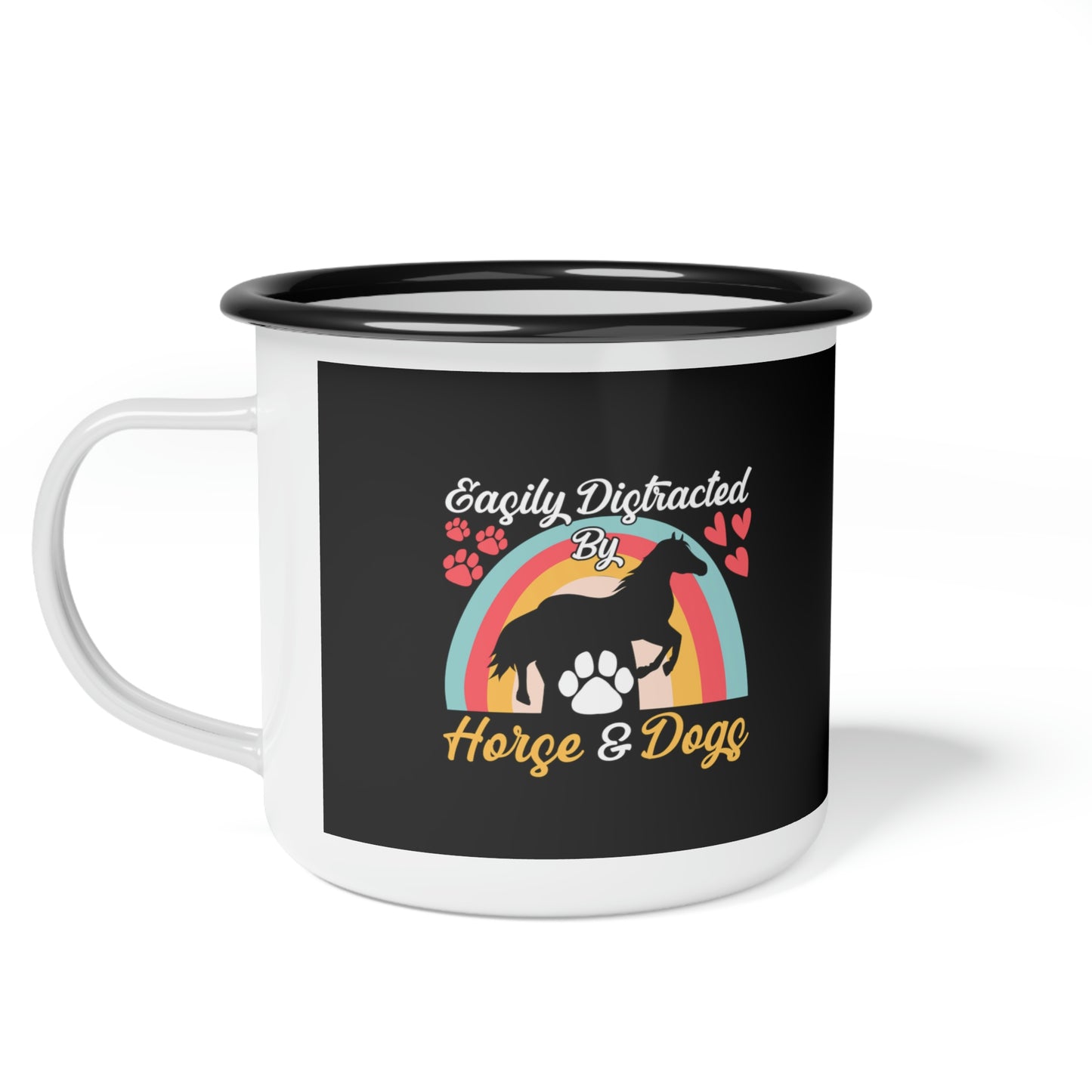 Easily Distracted Horse by Dogs Black Enamel Camp Cup