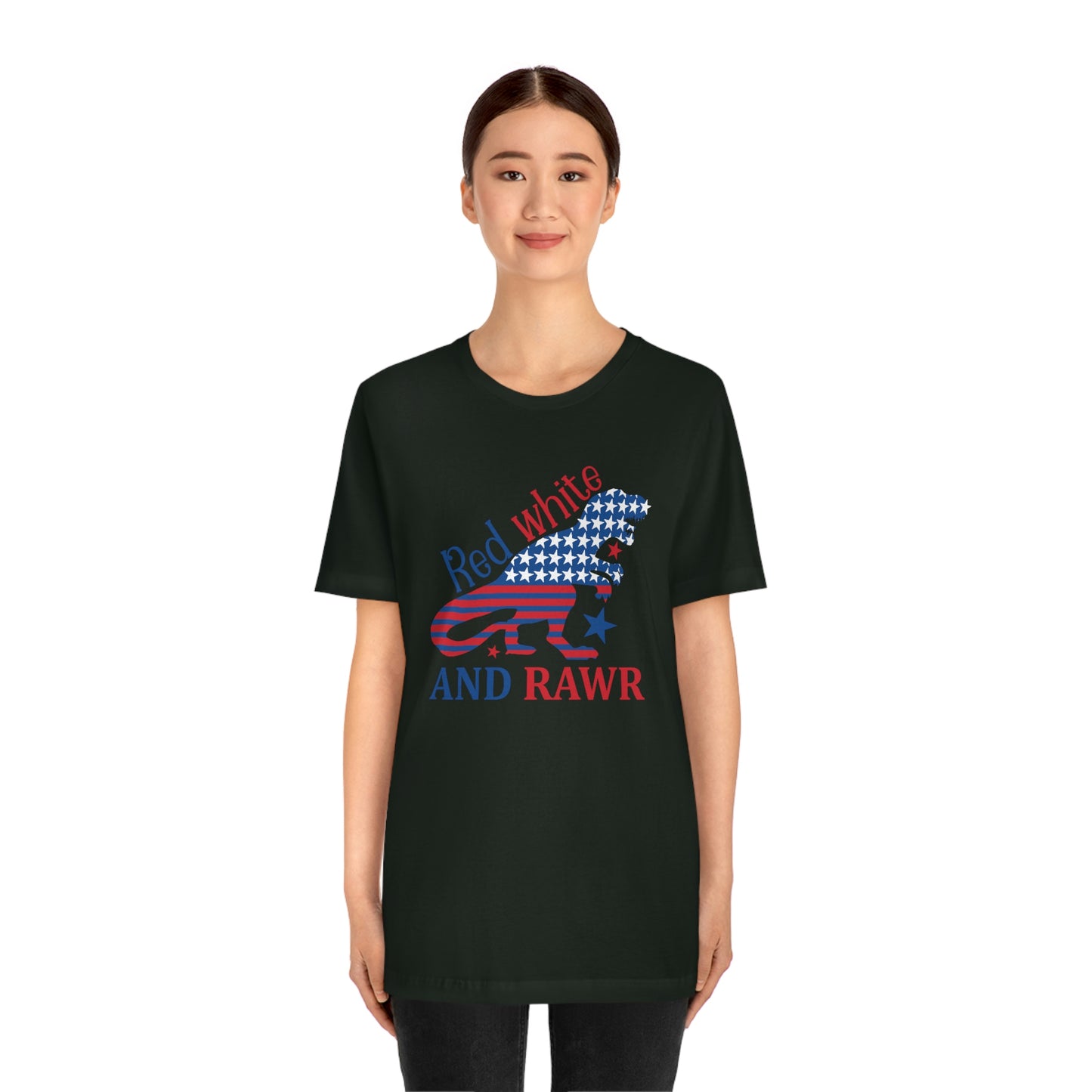 Red White Rawr Dinosaur 4th of July Unisex Jersey Short Sleeve Tee