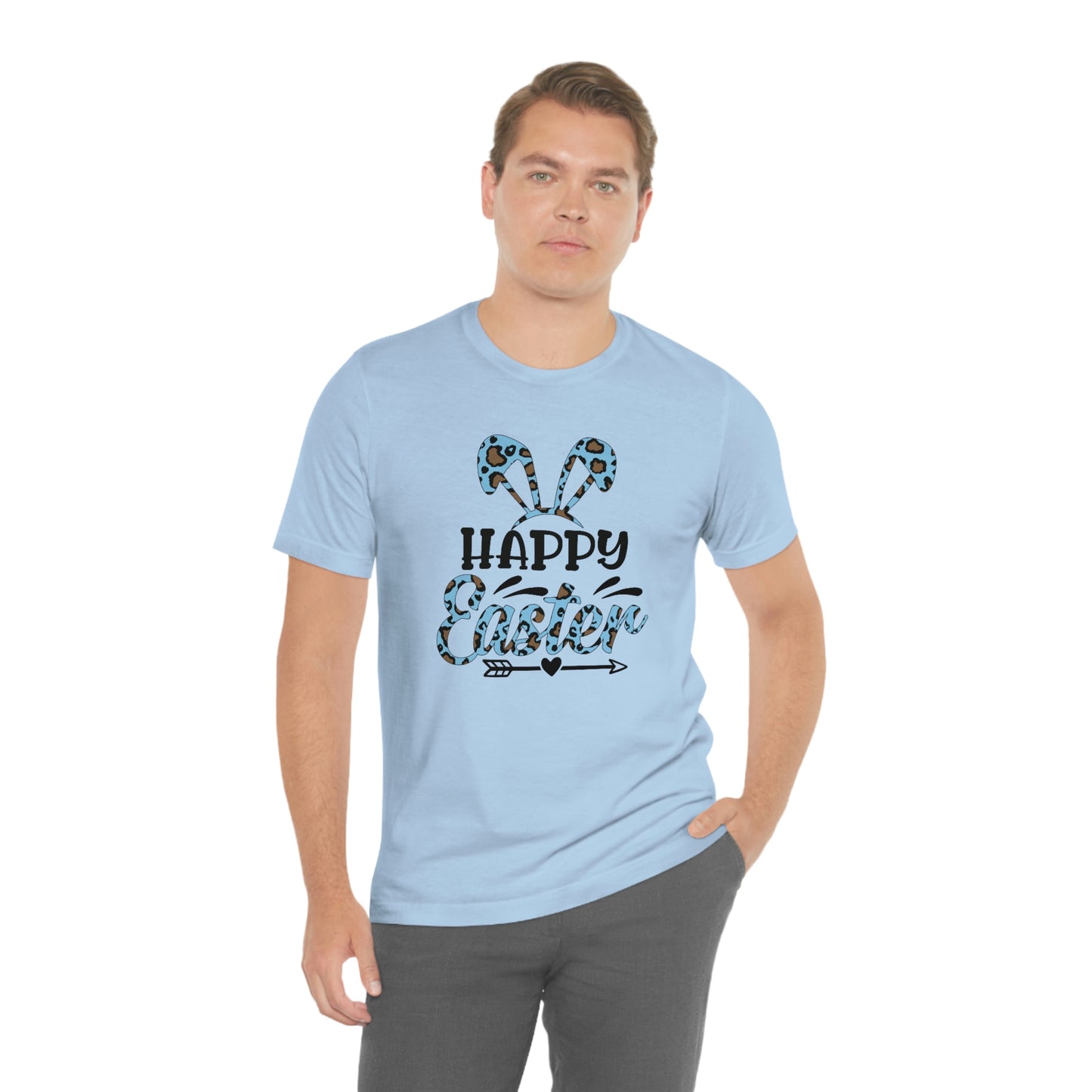 Happy Easter Bunny Ears Blue Leopard Print Unisex Jersey Short Sleeve Tee