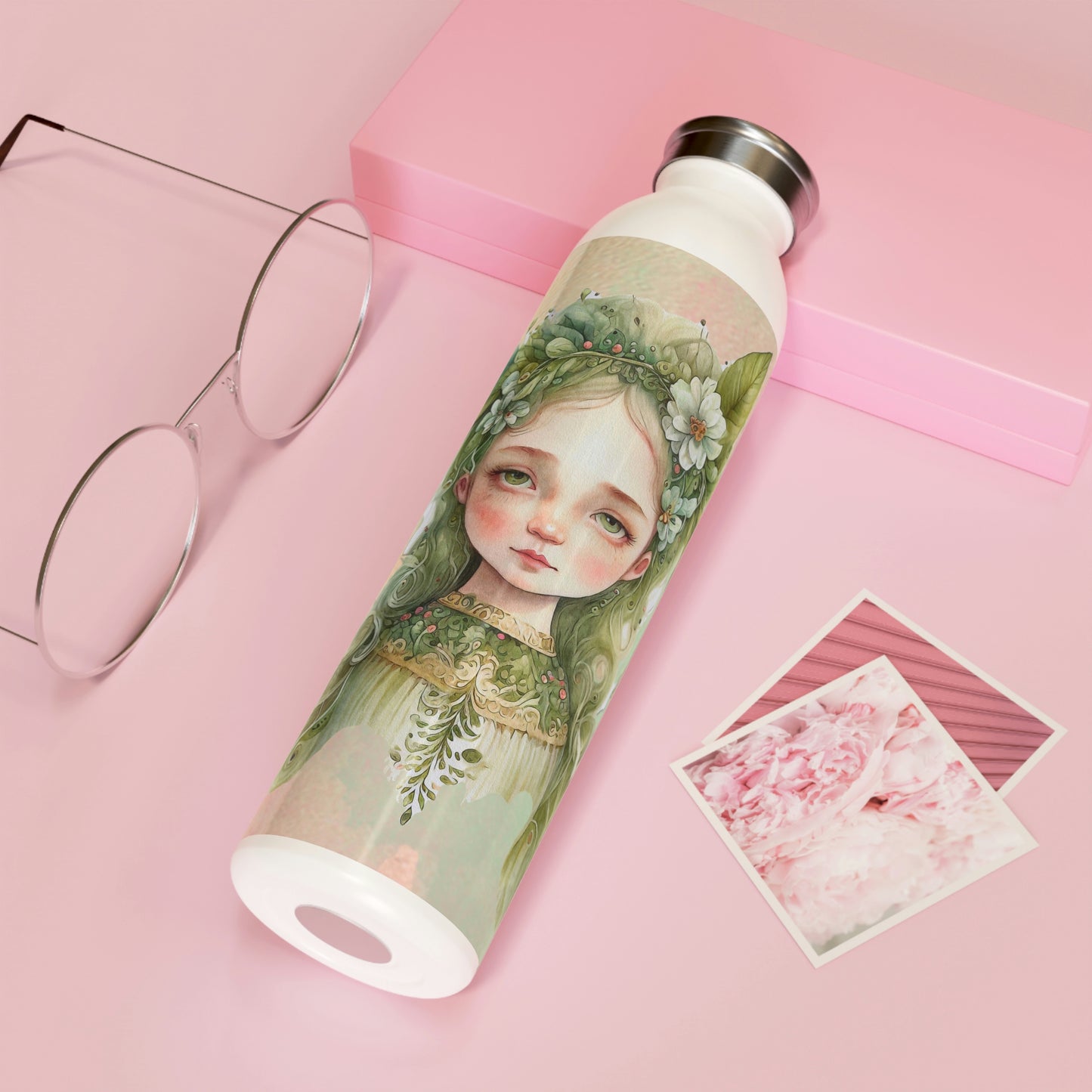 Girl Spring Flowers Watercolor Slim Water Bottle