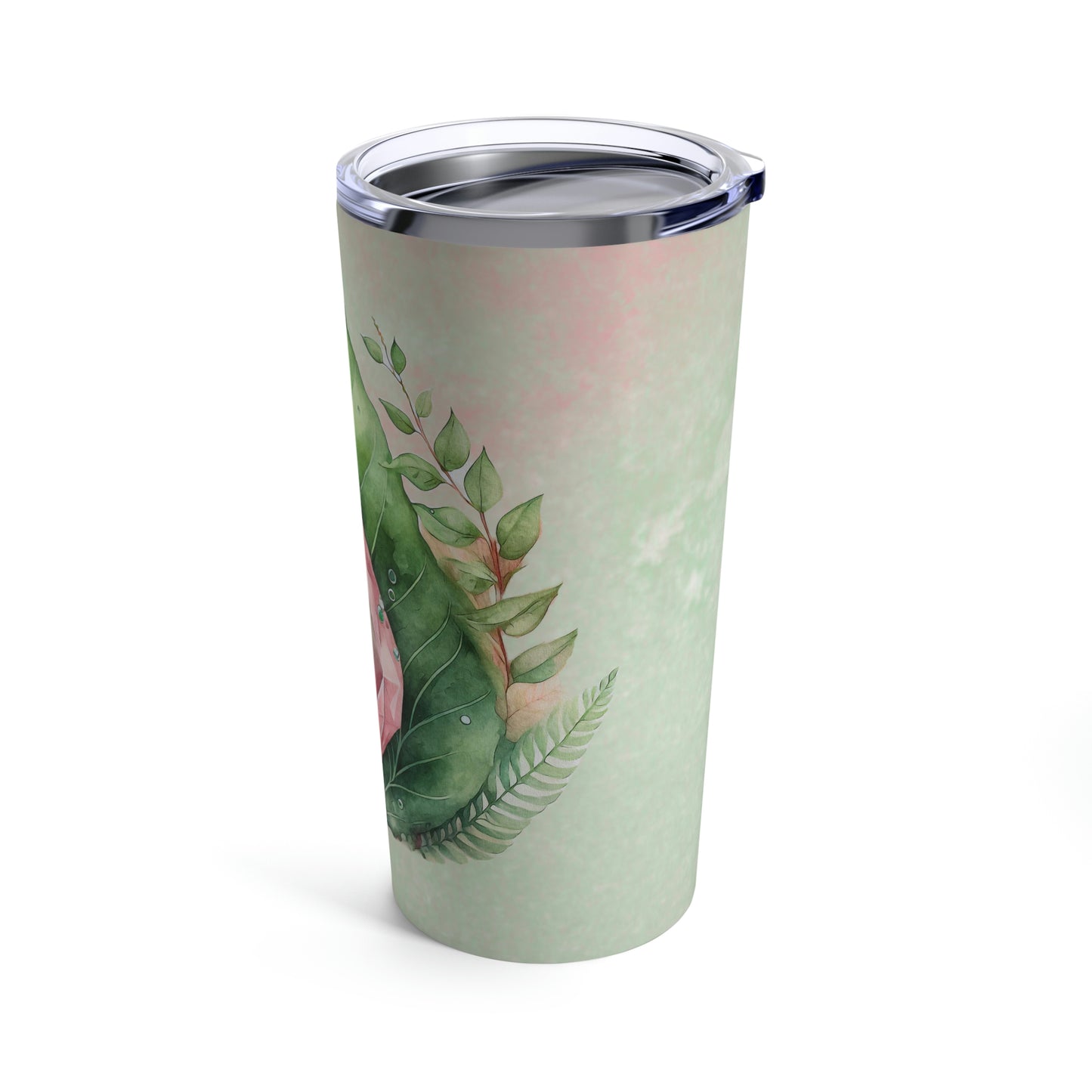 Pink Crystal on Green Leaves Watercolor Tumbler 20oz