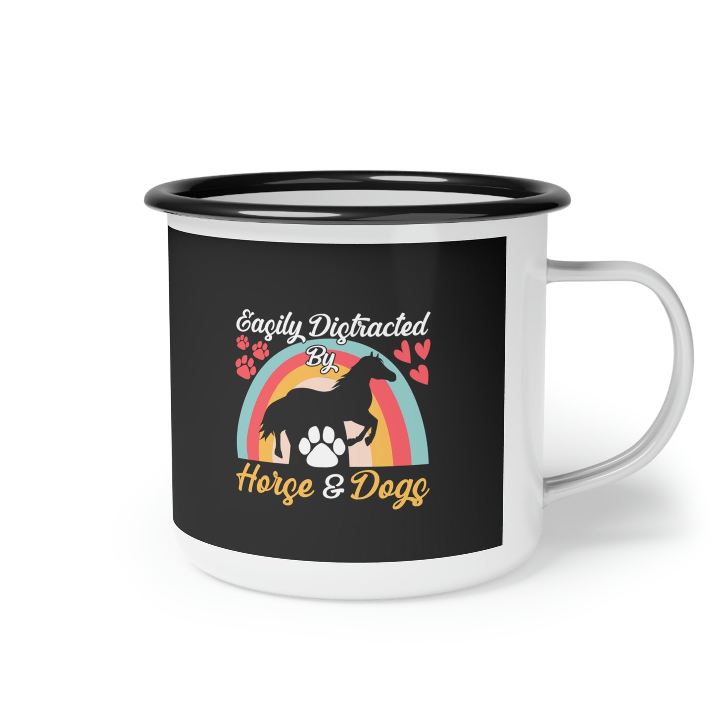 Easily Distracted Horse by Dogs Black Enamel Camp Cup