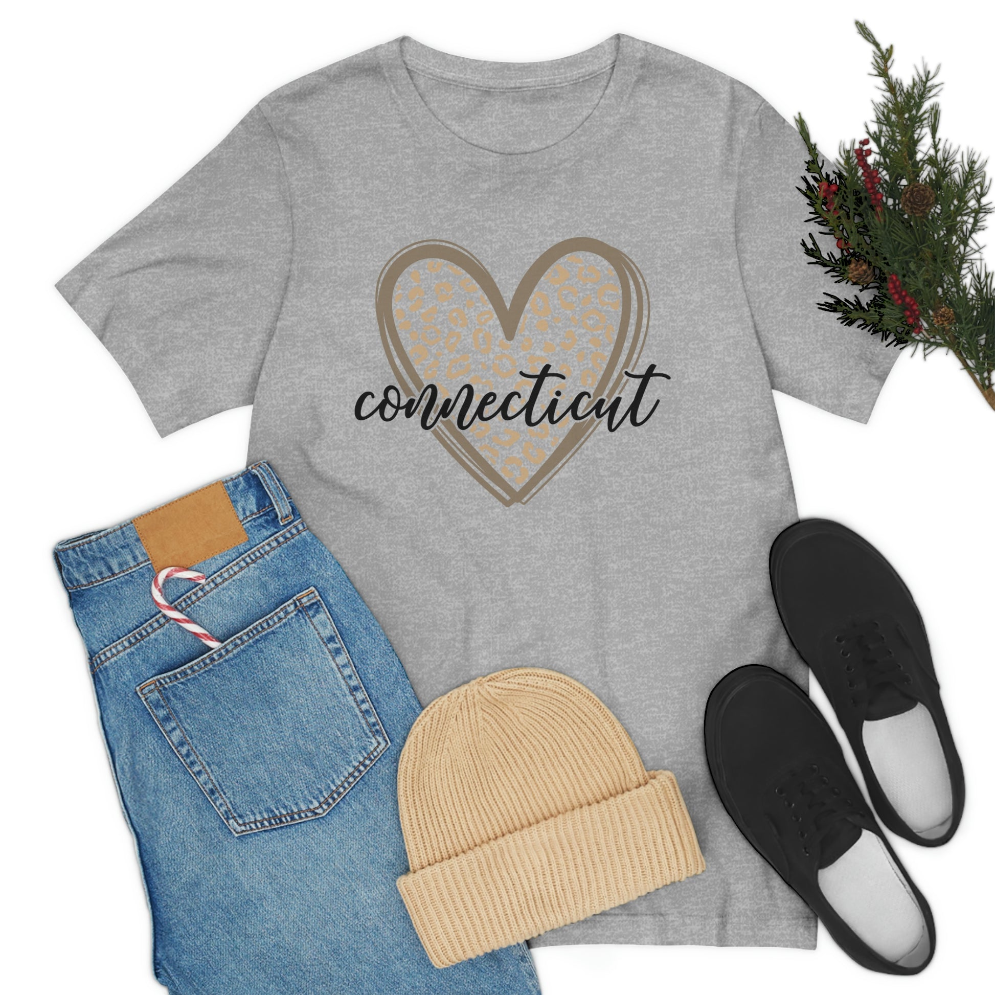 Connecticut Gold Leopard Print Heart Script Short Sleeve T-shirt