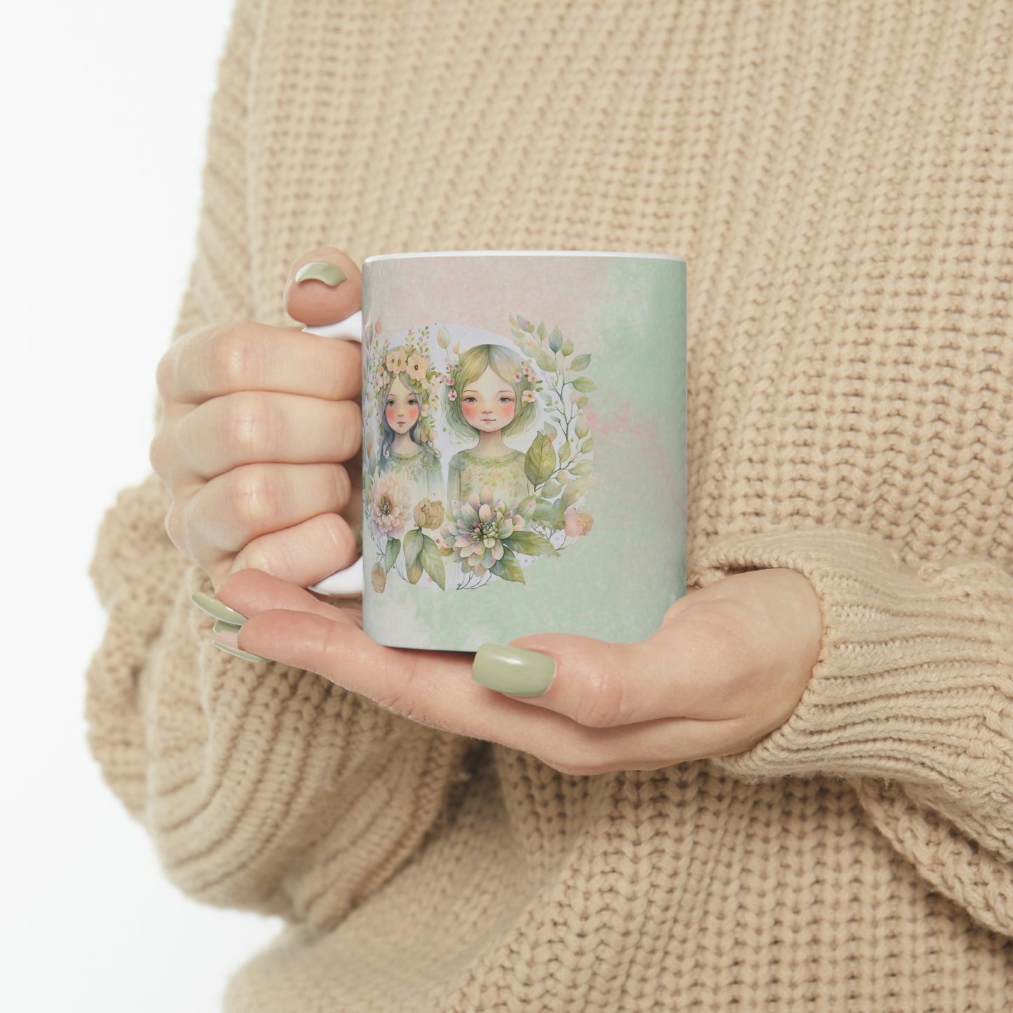 Girls in Spring Flowers Watercolor Ceramic Mug 11oz