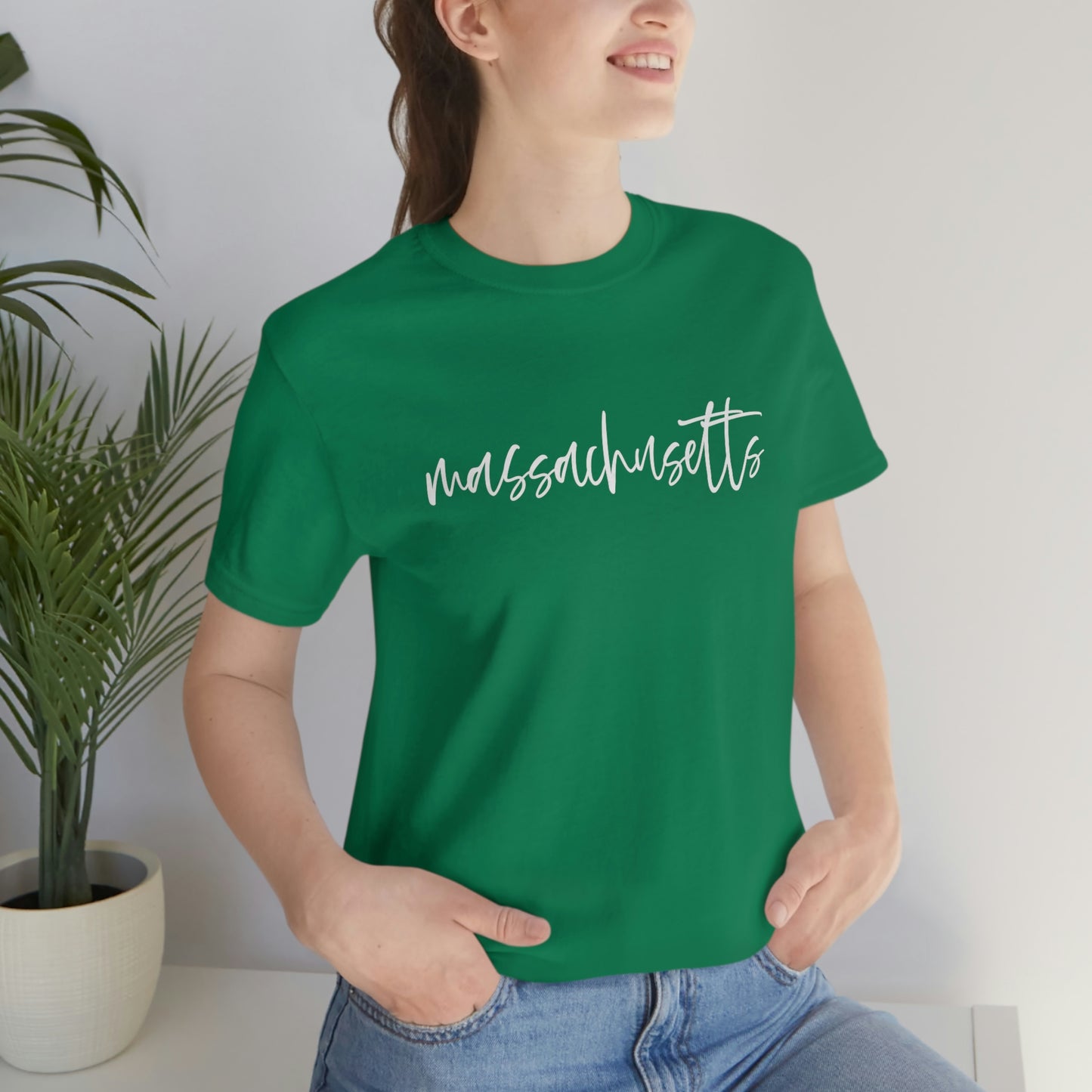 Massachusetts White Script Short Sleeve T-shirt