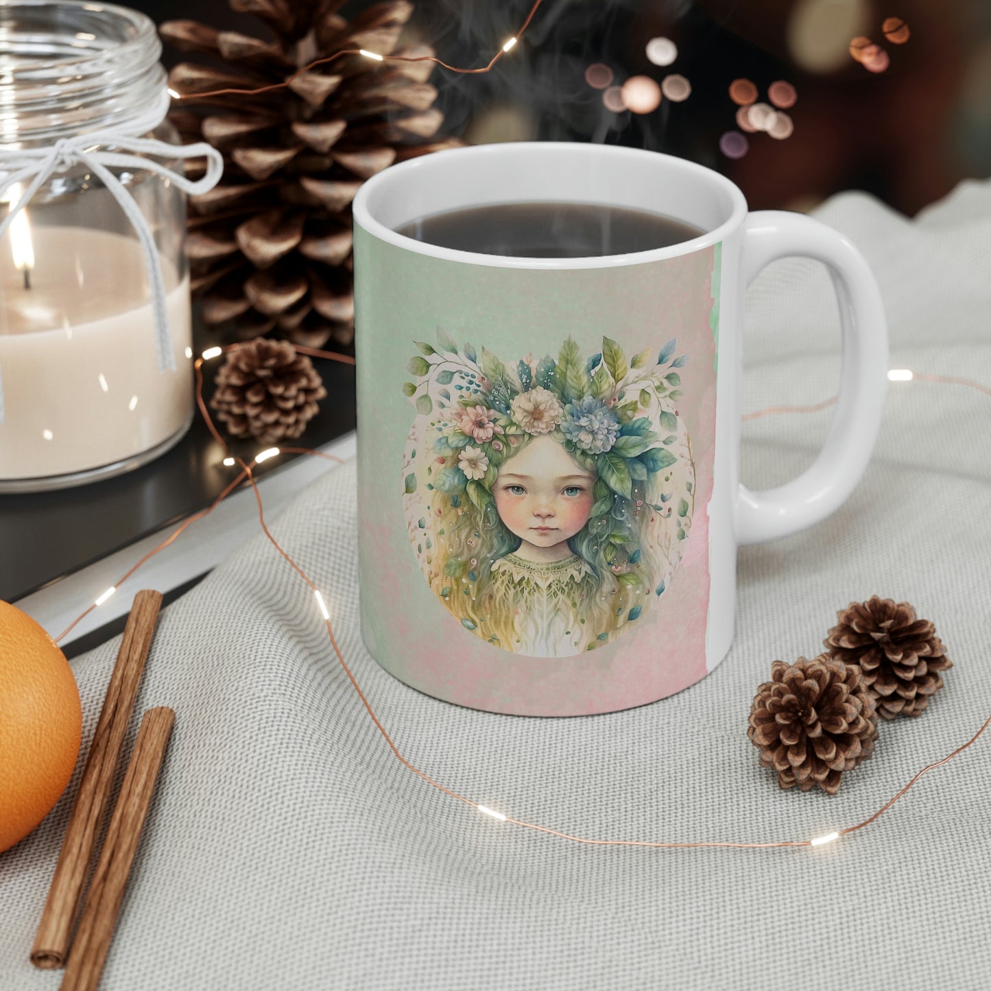 Girl in Spring Flowers Watercolor Ceramic Mug 11oz