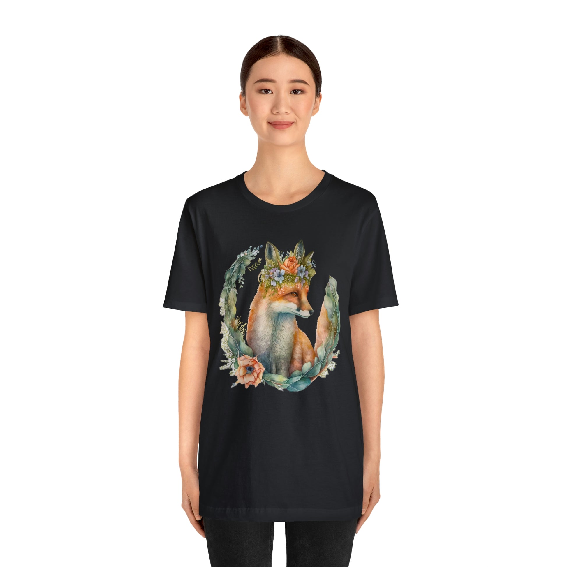 Watercolor Fox Peaking Through Wreath Short Sleeve T-shirt