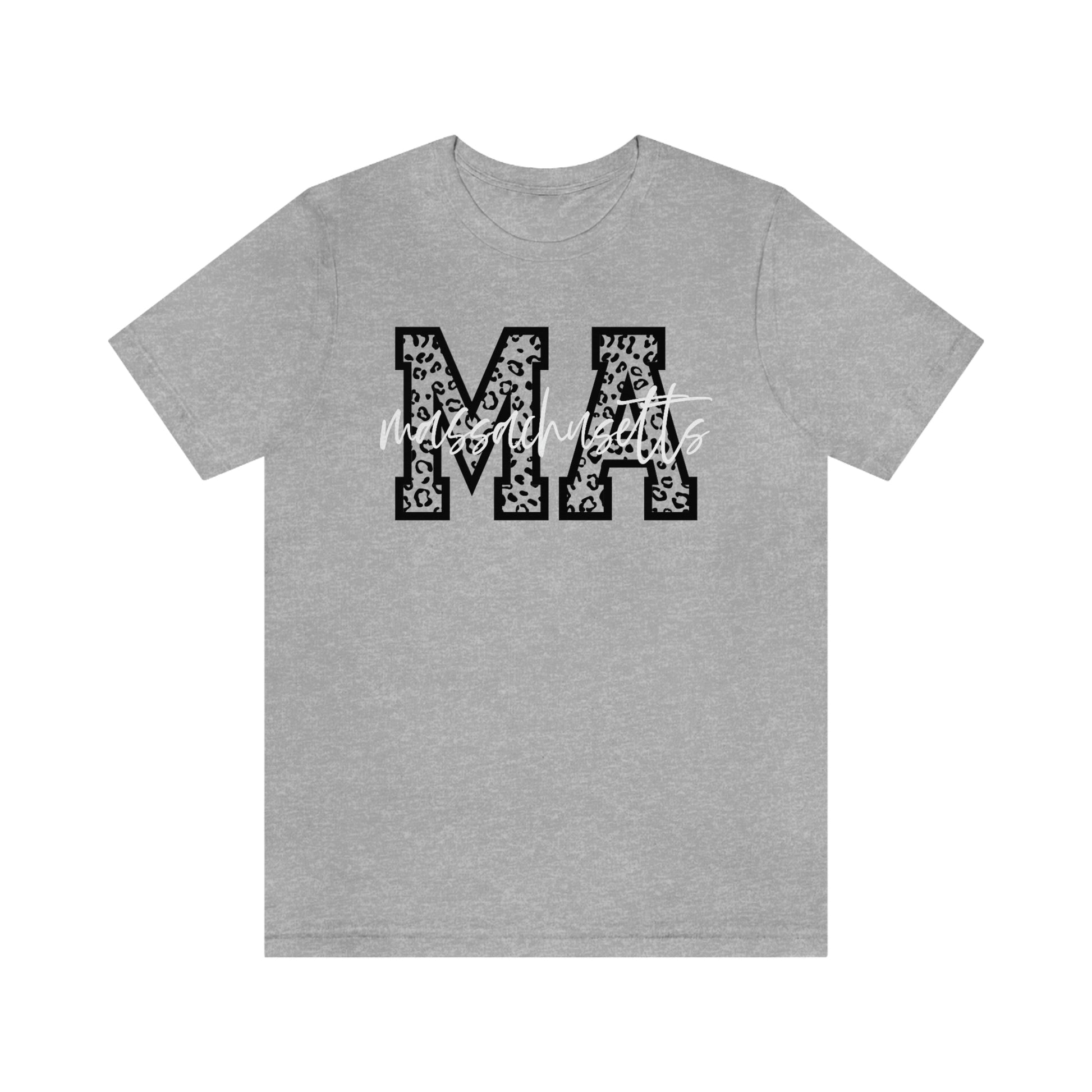 Massachusetts MA Leopard Print Letters White Script Short Sleeve T-shirt