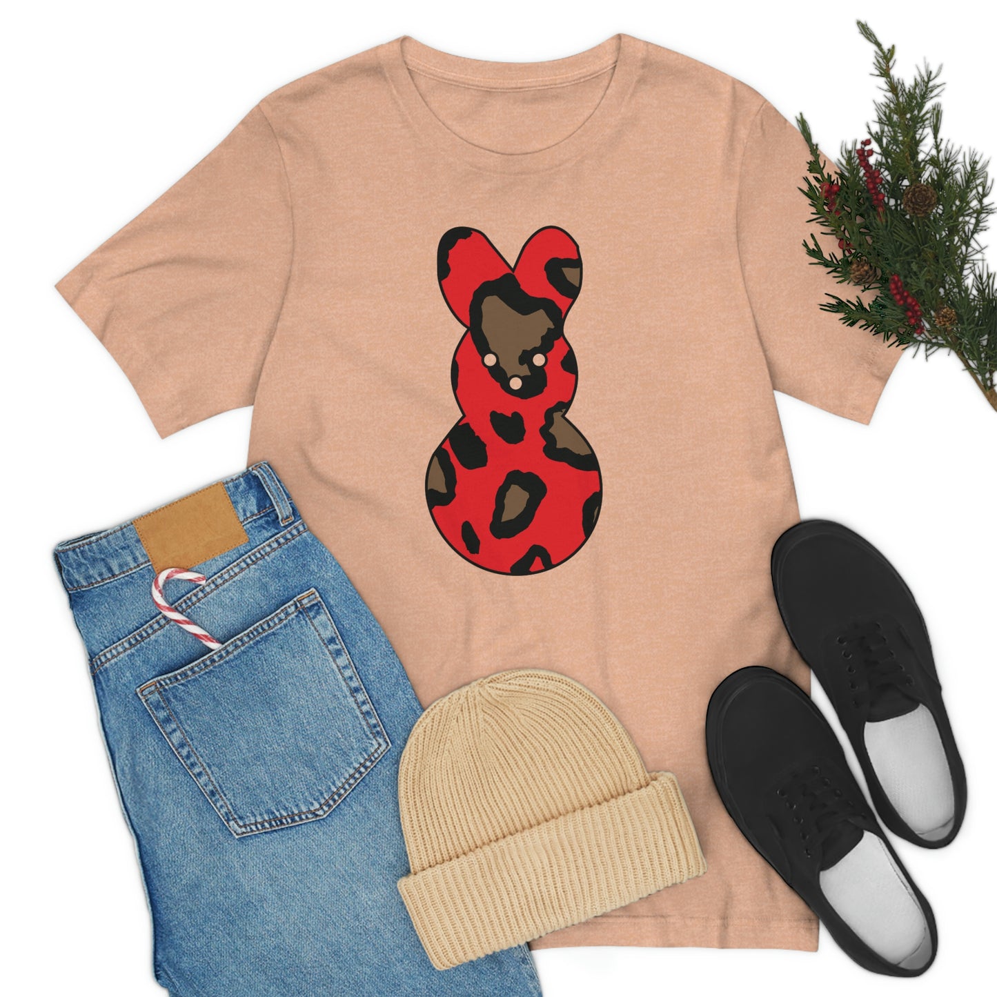 Red Leopard Print Bunny Easter Spring Print Unisex Jersey Short Sleeve Tee