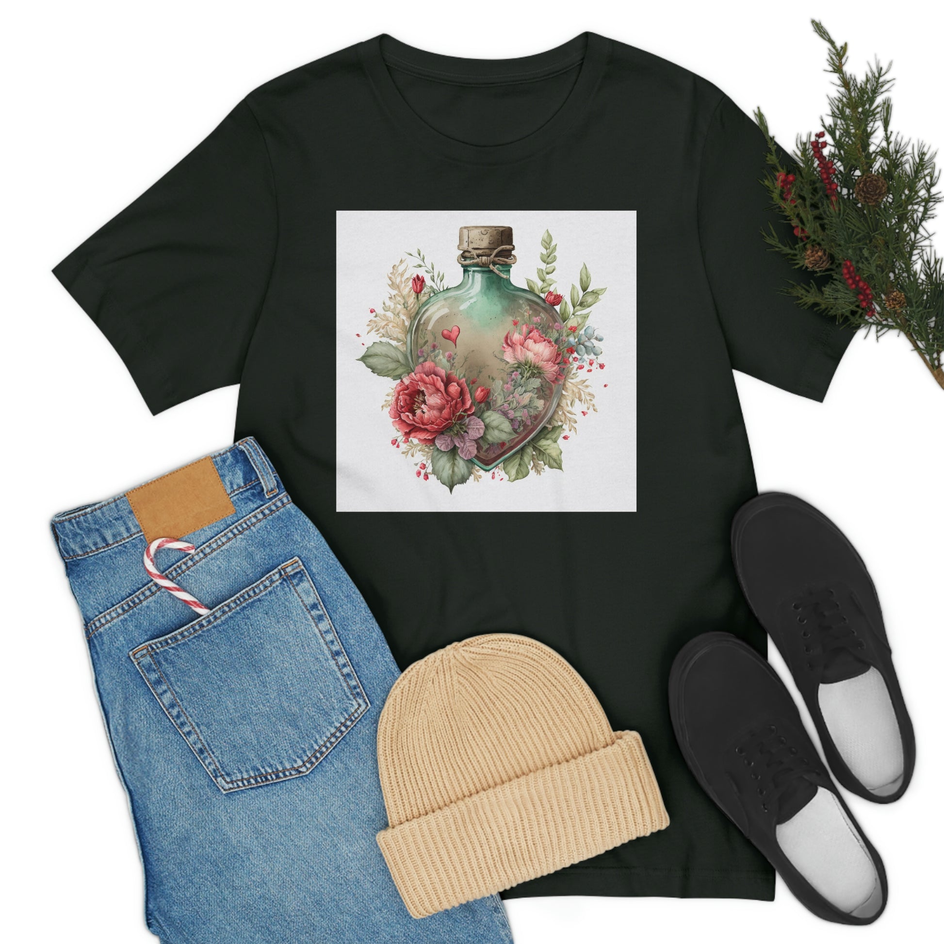 Vintage Bottle Floral Unisex Jersey Short Sleeve Tee