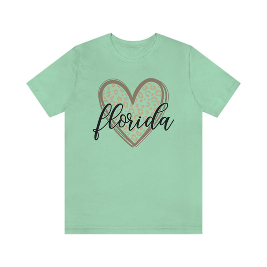 Florida Heart Gold Leopard Print With Black Script Short Sleeve T-shirt