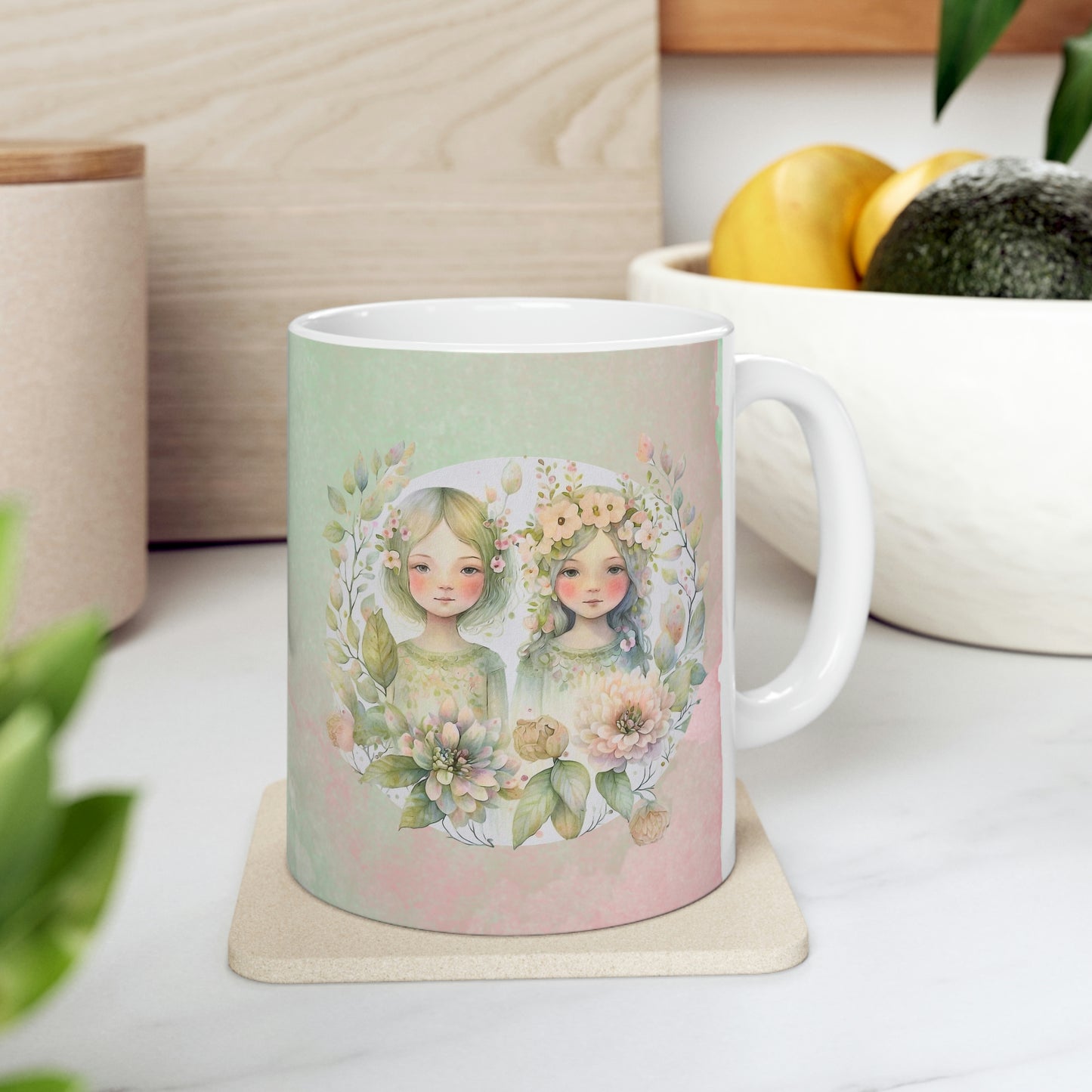 Girls in Spring Flowers Watercolor Ceramic Mug 11oz