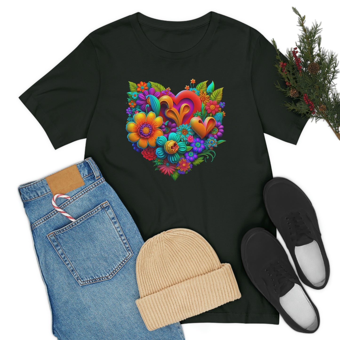 Bright Floral Heart Unisex Jersey Short Sleeve Tee