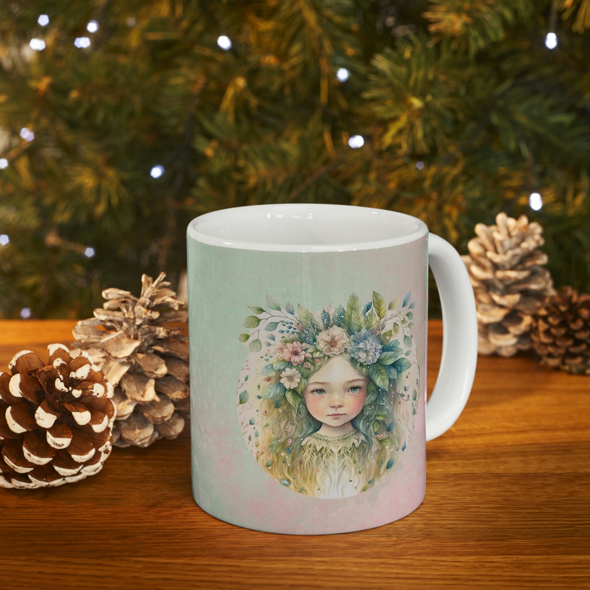 Girl in Spring Flowers Watercolor Ceramic Mug 11oz