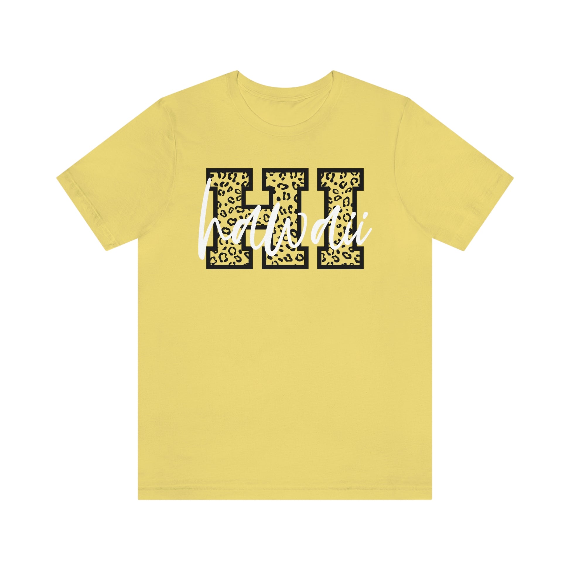 Hawaii HI Leopard Print Letters White Script Short Sleeve T-shirt