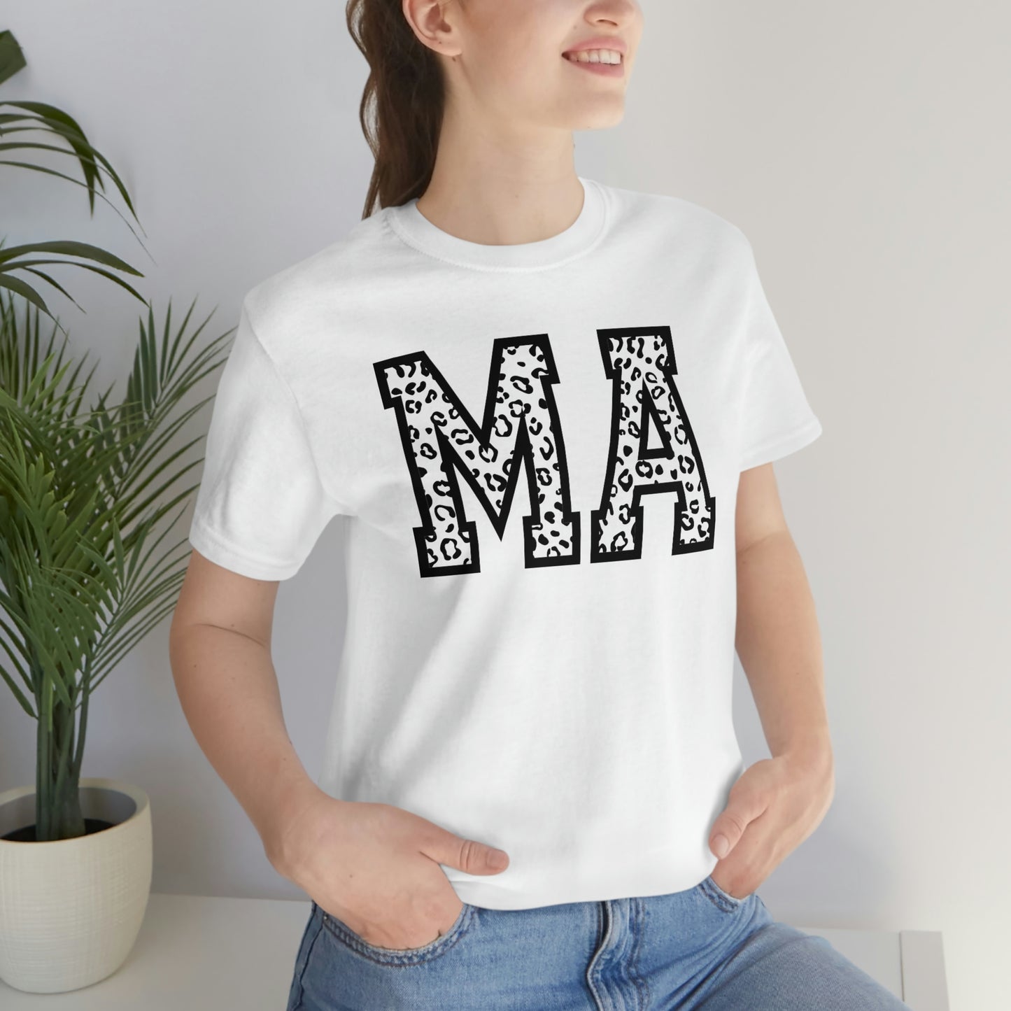 Massachusetts MA Leopard Print Letters Short Sleeve T-shirt