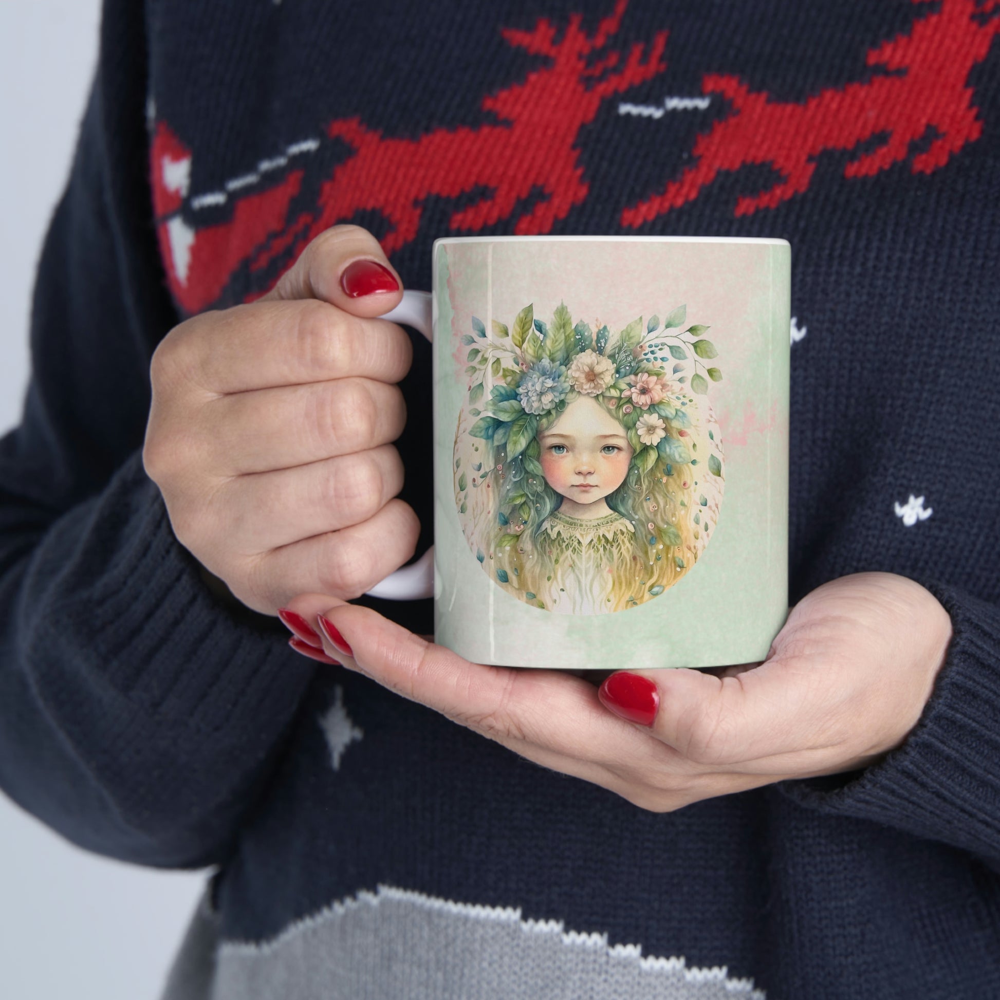 Girl in Spring Flowers Watercolor Ceramic Mug 11oz