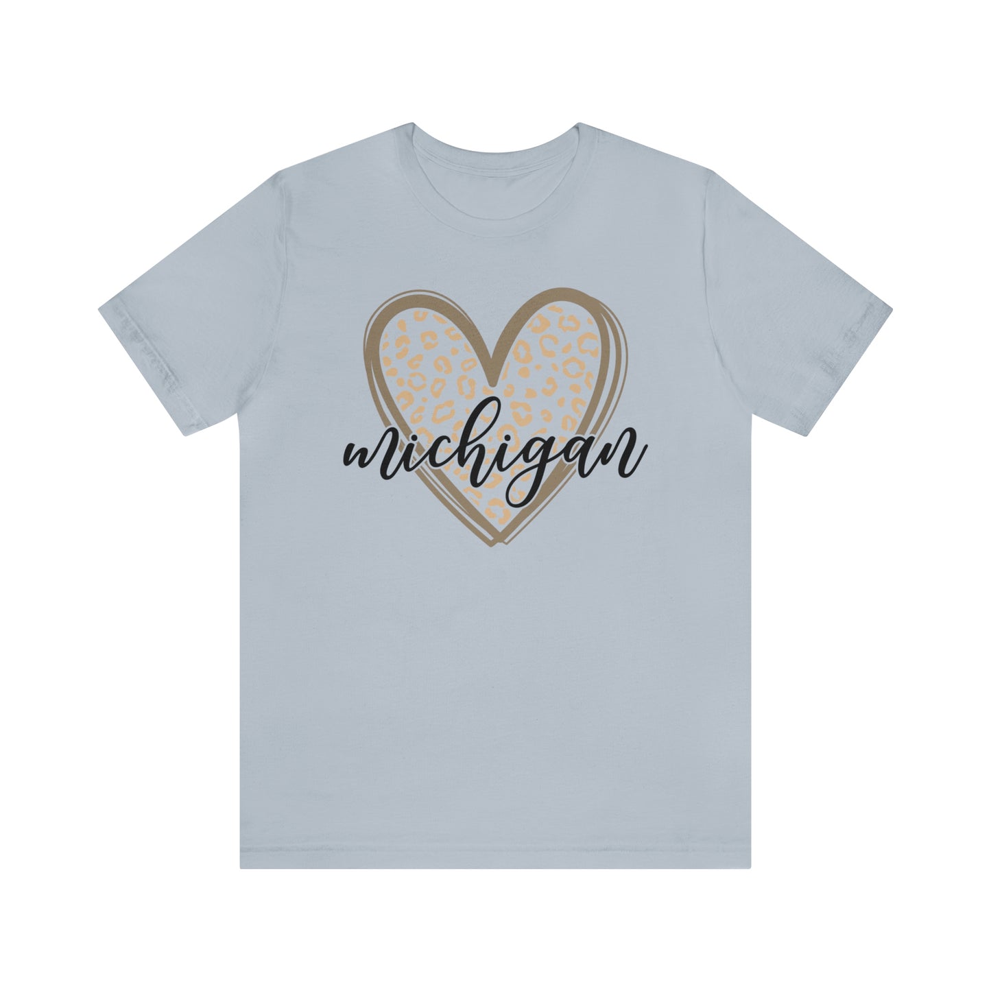 Michigan Gold Leopard Heart Black Script Short Sleeve T-shirt
