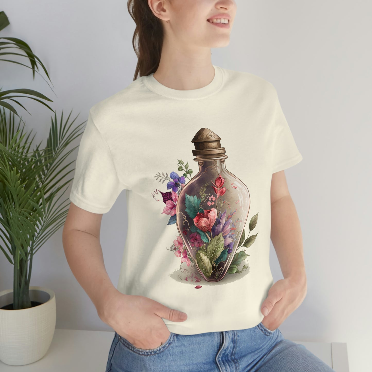 Vintage Bottle Floral Unisex Jersey Short Sleeve Tee