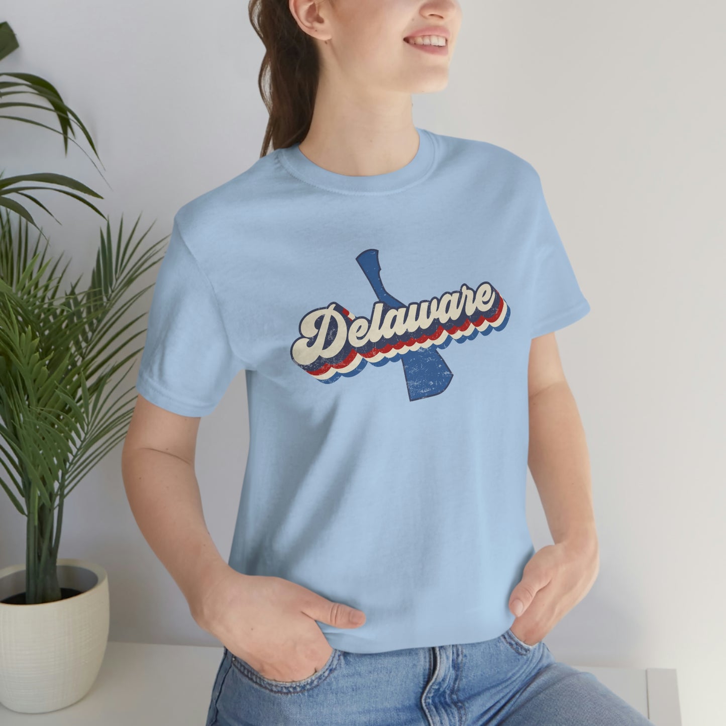 Delaware Script Red White Blue on Blue Delaware Short Sleeve T-shirt