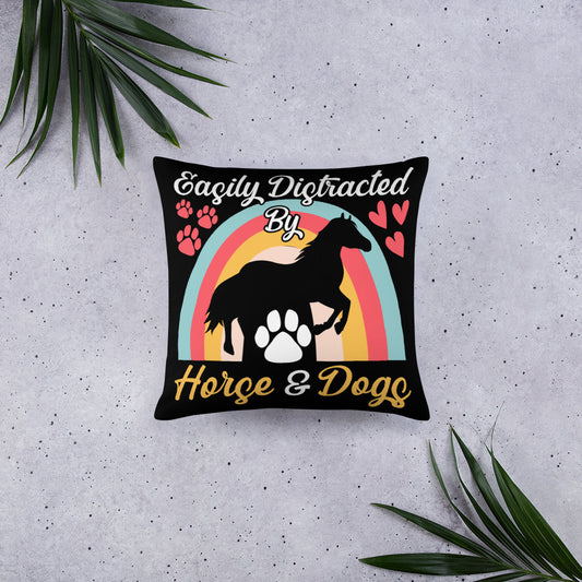 Easily Distracted by Horse and Dogs Throw Pillow